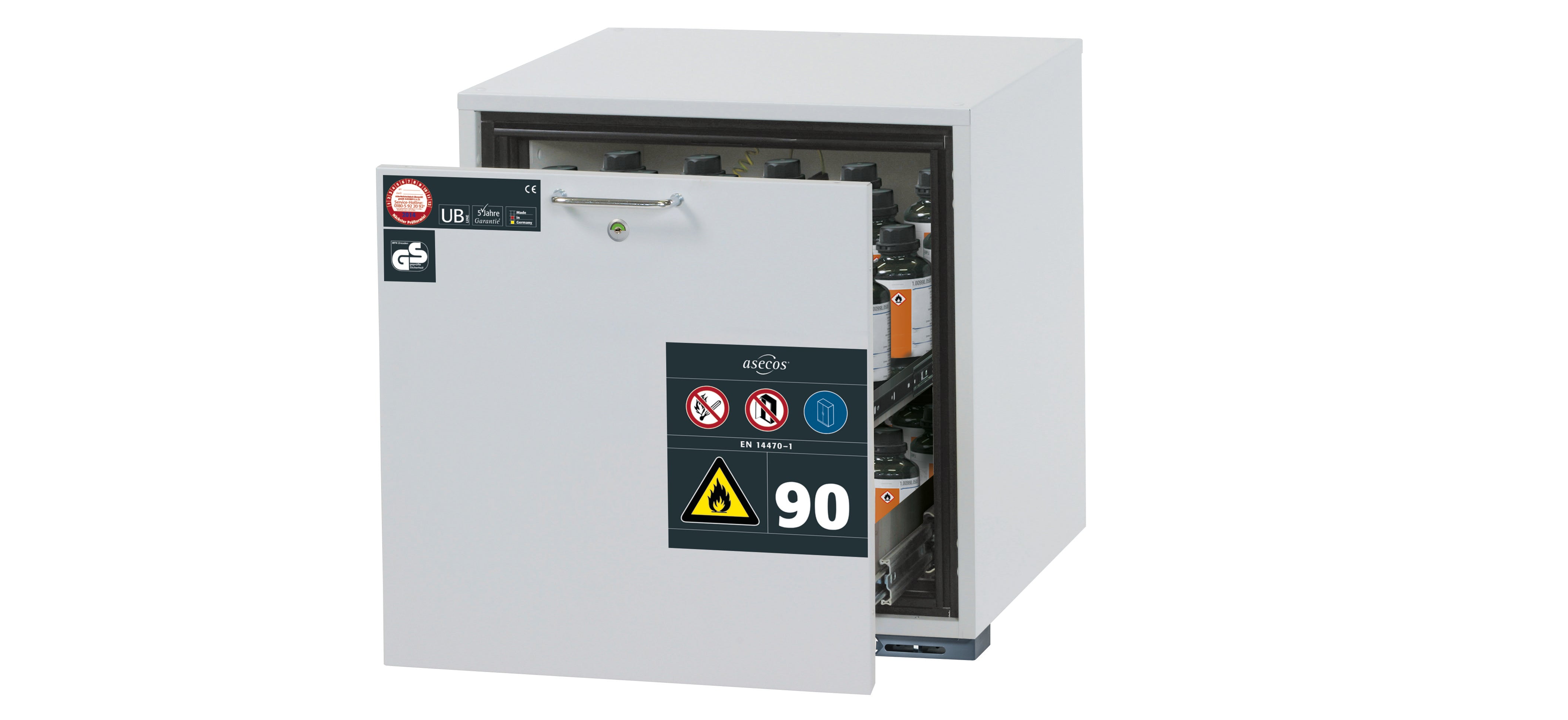 Armoire inférieure de sécurité type 90 UB-S-90 modèle UB90.060.059.S en gris clair RAL 7035 avec 1x plateau à tiroirs STAWA-R (acier inoxydable 1.4301)