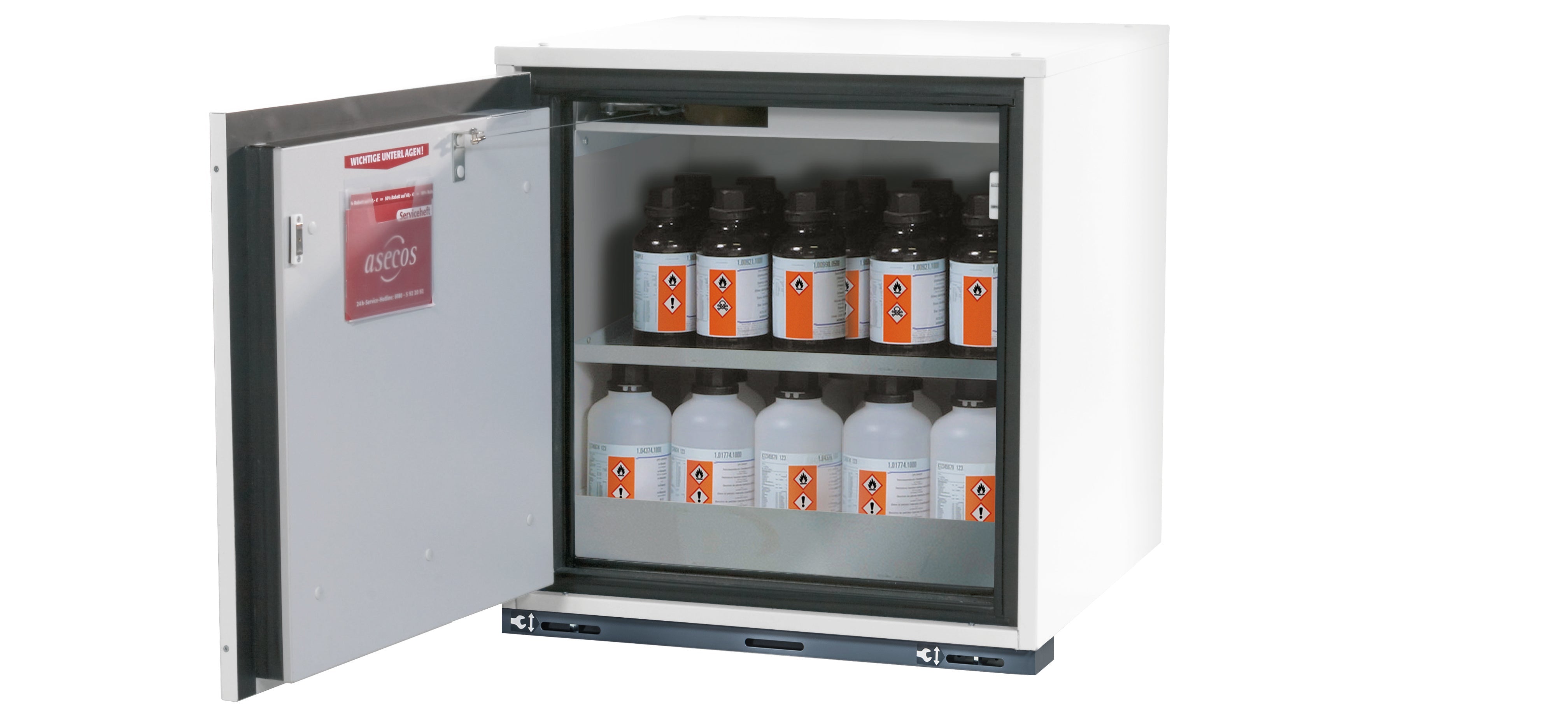 Typ 90 Sicherheitsunterbauschrank UB-T-90 Modell UB90.060.059.T in laborweiss (ähnl. RAL 9016) mit 1x Fachboden Standard (Edelstahl 1.4301)