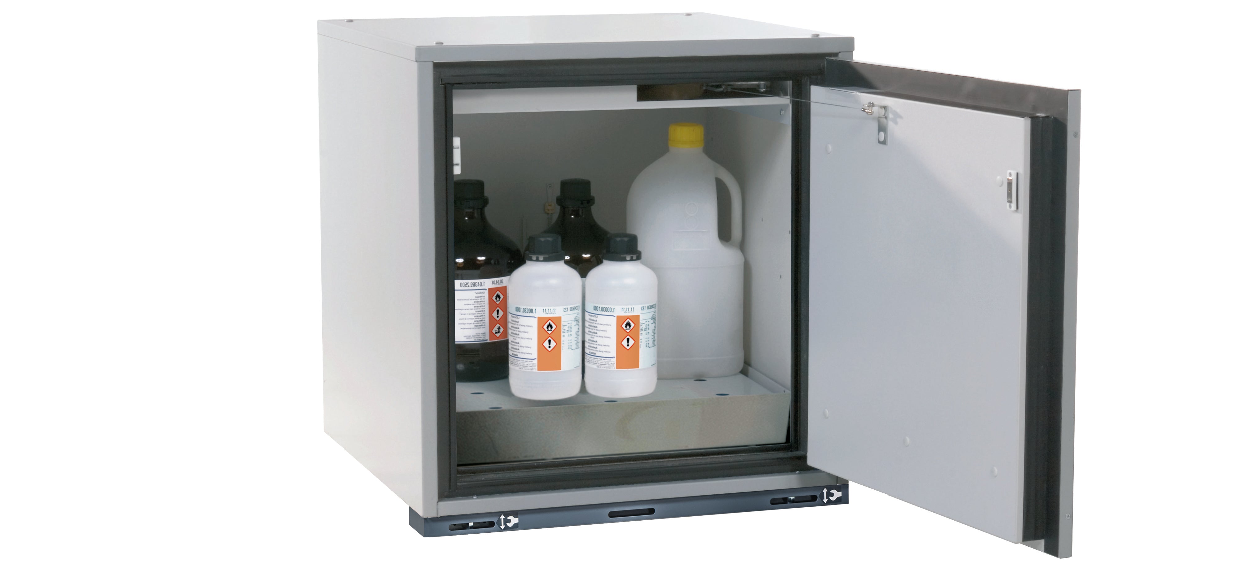 Typ 90 Sicherheitsunterbauschrank UB-T-90 Modell UB90.060.059.TR in lichtgrau RAL 7035 mit 1x Lochblecheinsatz Standard (Edelstahl 1.4016)