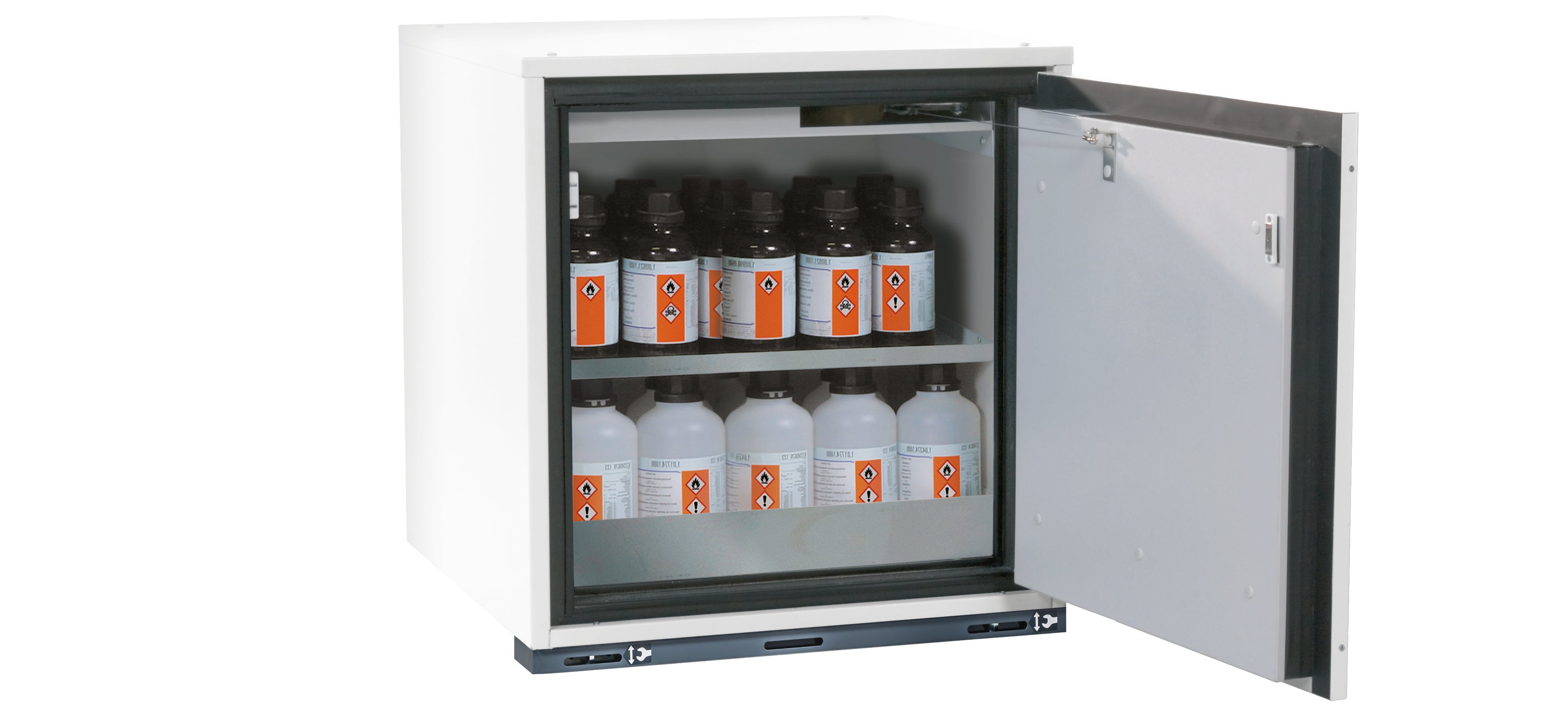 Typ 90 Sicherheitsunterbauschrank UB-T-90 Modell UB90.060.059.TR in laborweiss (ähnl. RAL 9016) mit 1x Fachboden Standard (Edelstahl 1.4301)