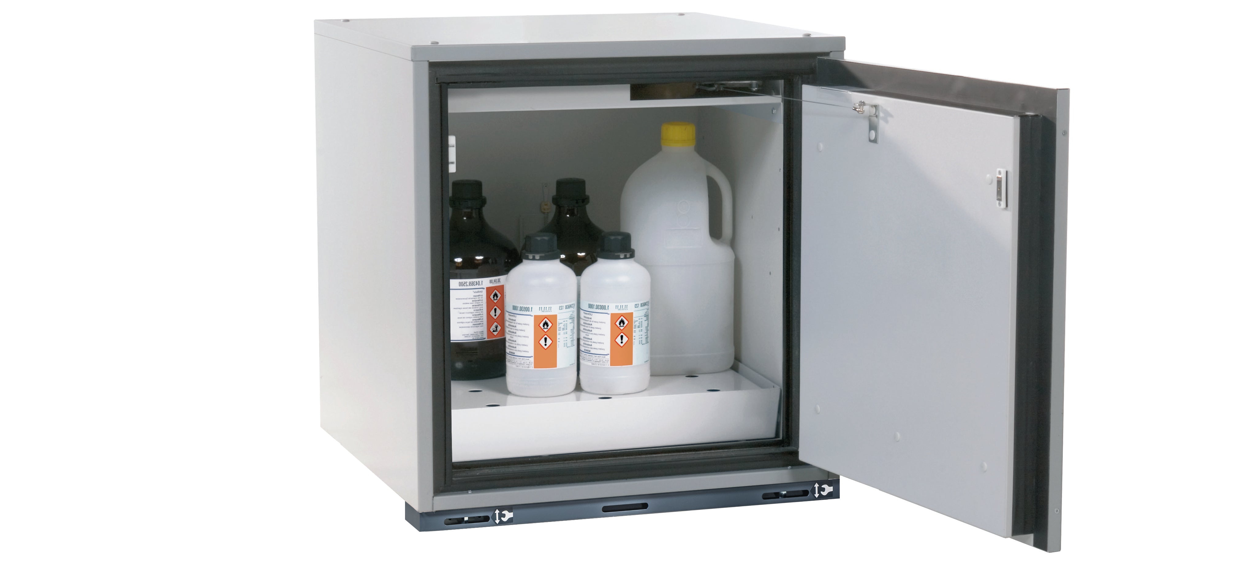 Type 90 safety base cabinet UB-T-90 model UB90.060.059.050.TR in light gray RAL 7035 with 1x perforated sheet insert standard (sheet steel)