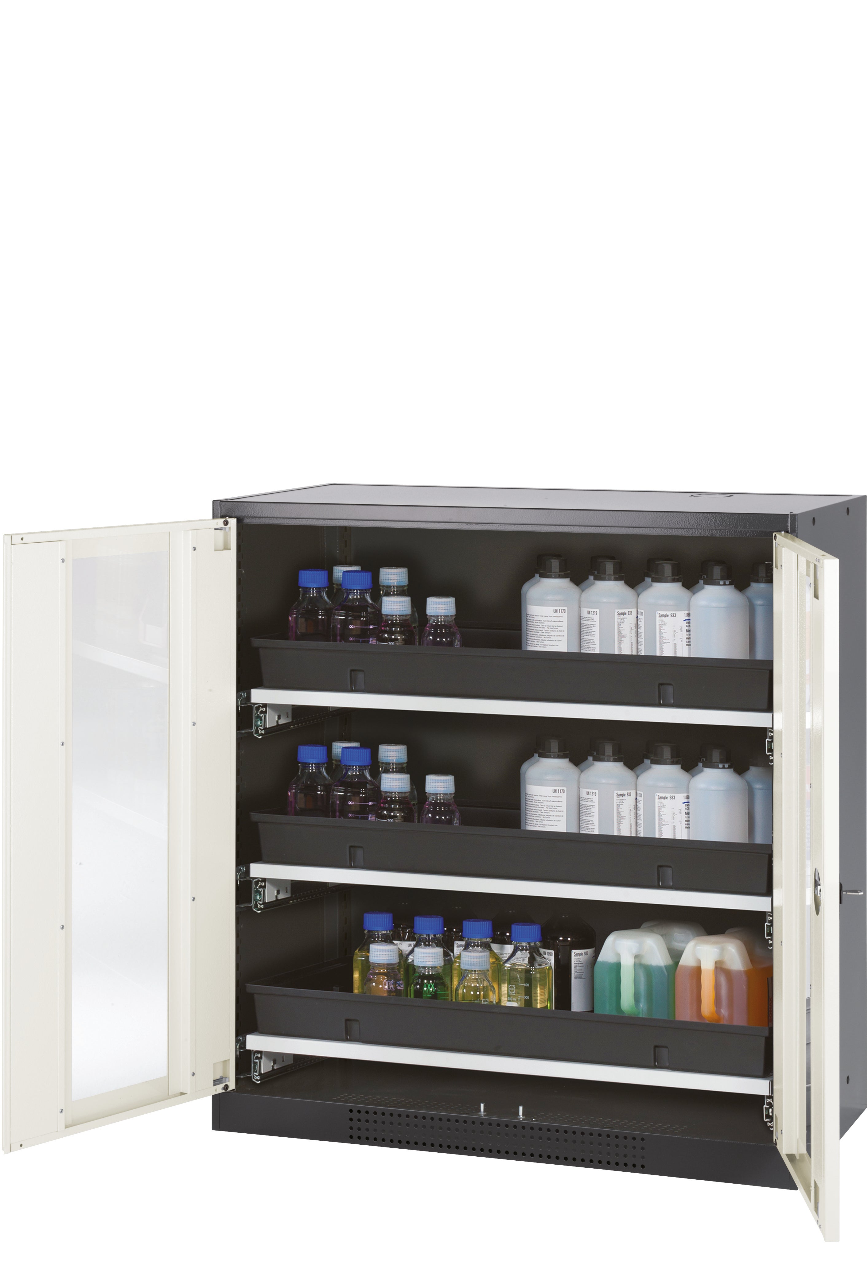 Chemikalienschrank CS-CLASSIC-G Modell CS.110.105.WDFW in reinweiss RAL 9010 mit 3x Tablarauszug AbZ (Stahlblech/Polypropylen)