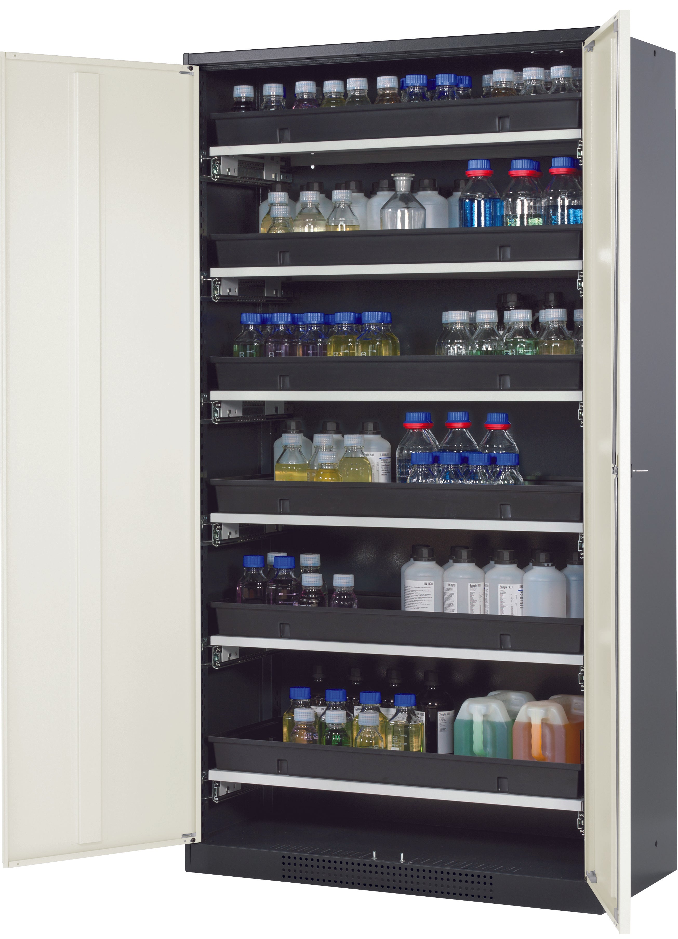 Chemikalienschrank CS-CLASSIC Modell CS.195.105 in reinweiss RAL 9010 mit 6x Tablarauszug AbZ (Stahlblech/Polypropylen)