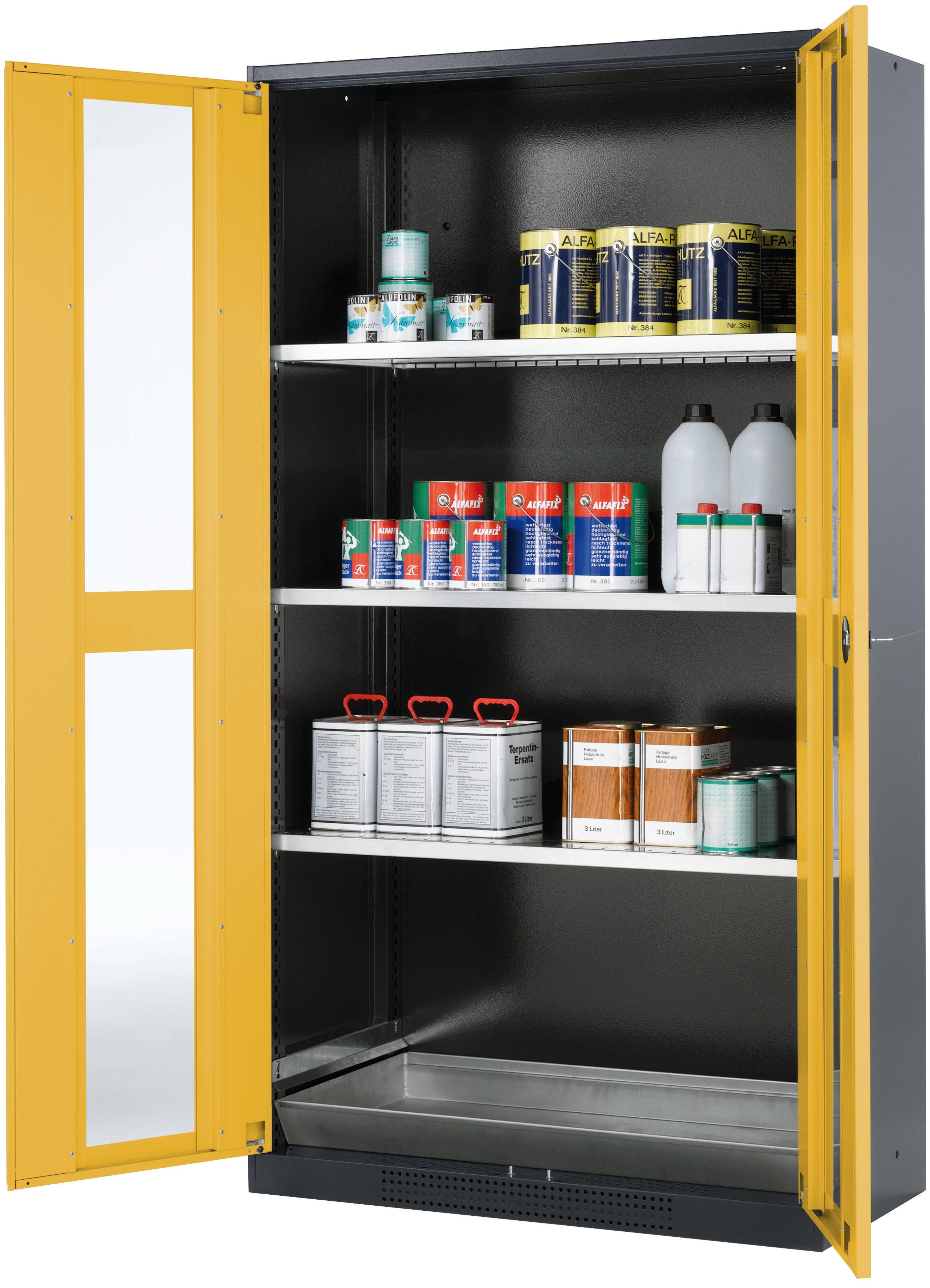 Chemikalienschrank CS-CLASSIC-G Modell CS.195.105.WDFW in sicherheitsgelb RAL 1004 mit 3x Fachboden Standard (Stahlblech)