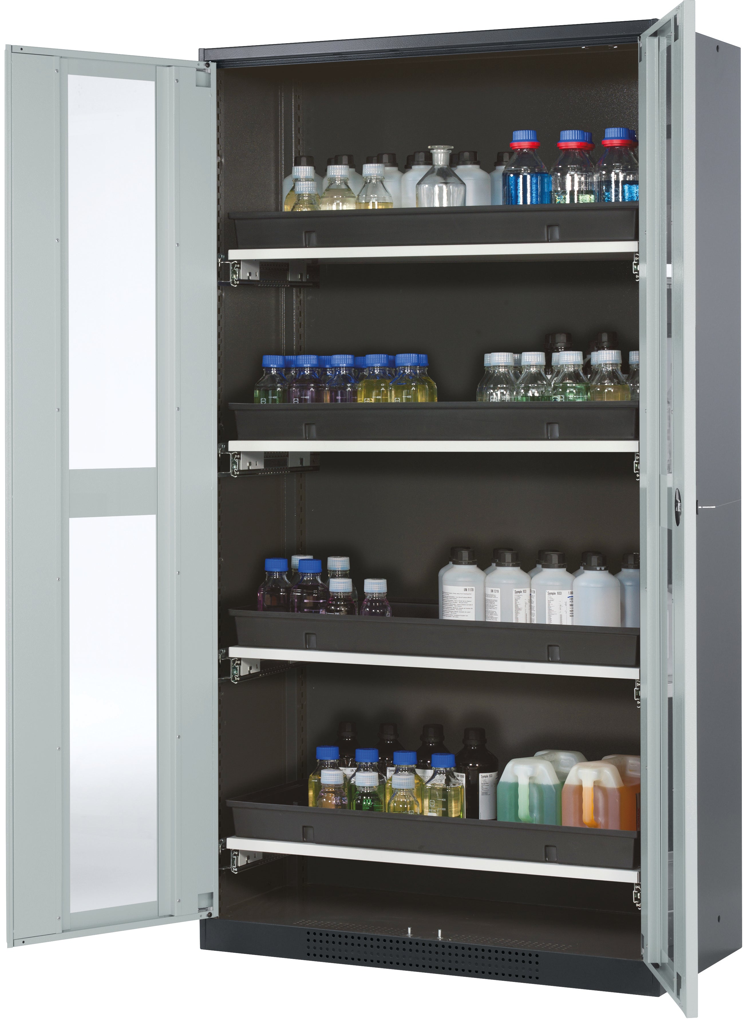 Chemikalienschrank CS-CLASSIC-G Modell CS.195.105.WDFW in lichtgrau RAL 7035 mit 4x Tablarauszug AbZ (Stahlblech/Polypropylen)