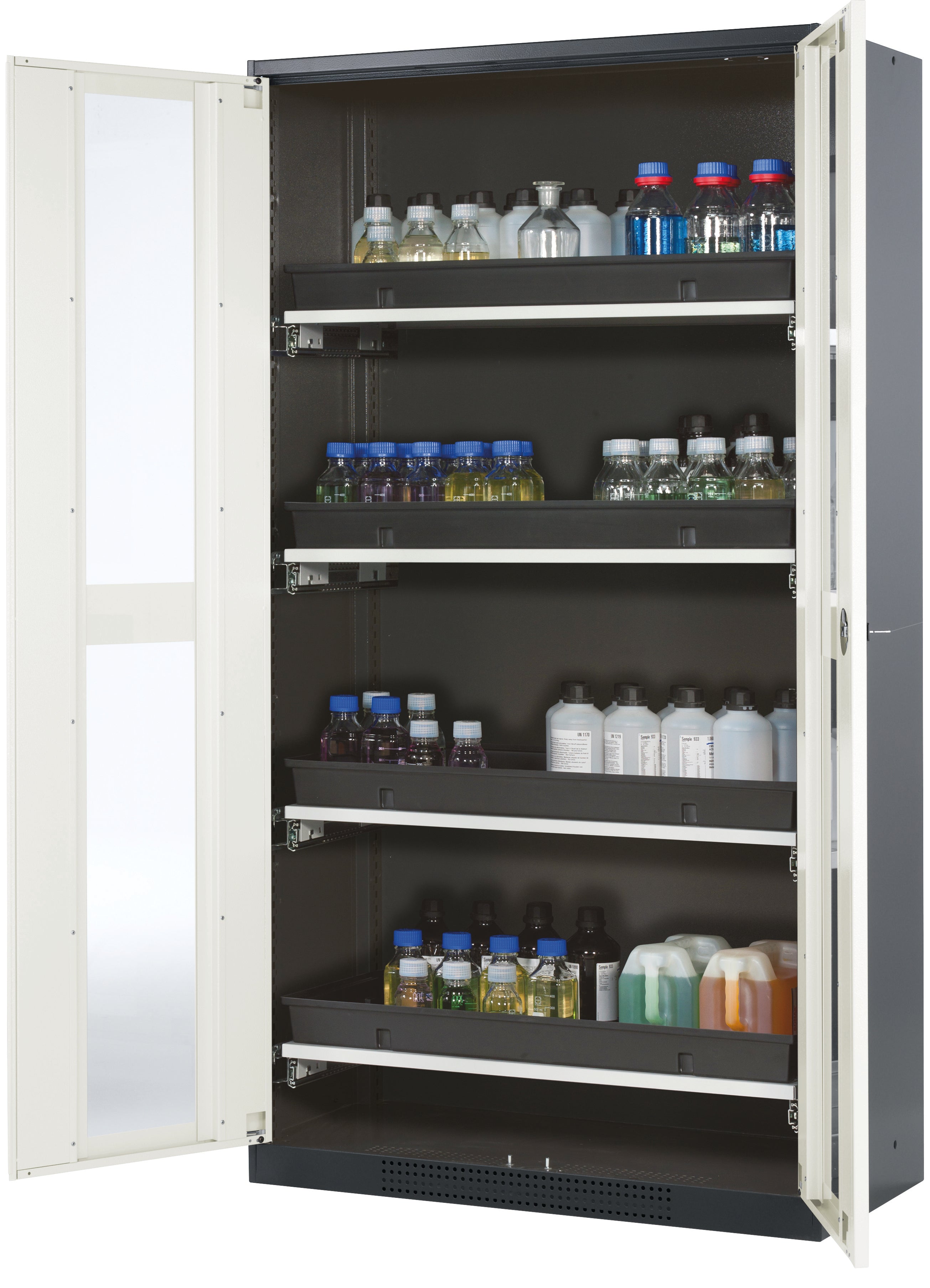 Chemikalienschrank CS-CLASSIC-G Modell CS.195.105.WDFW in reinweiss RAL 9010 mit 4x Tablarauszug AbZ (Stahlblech/Polypropylen)