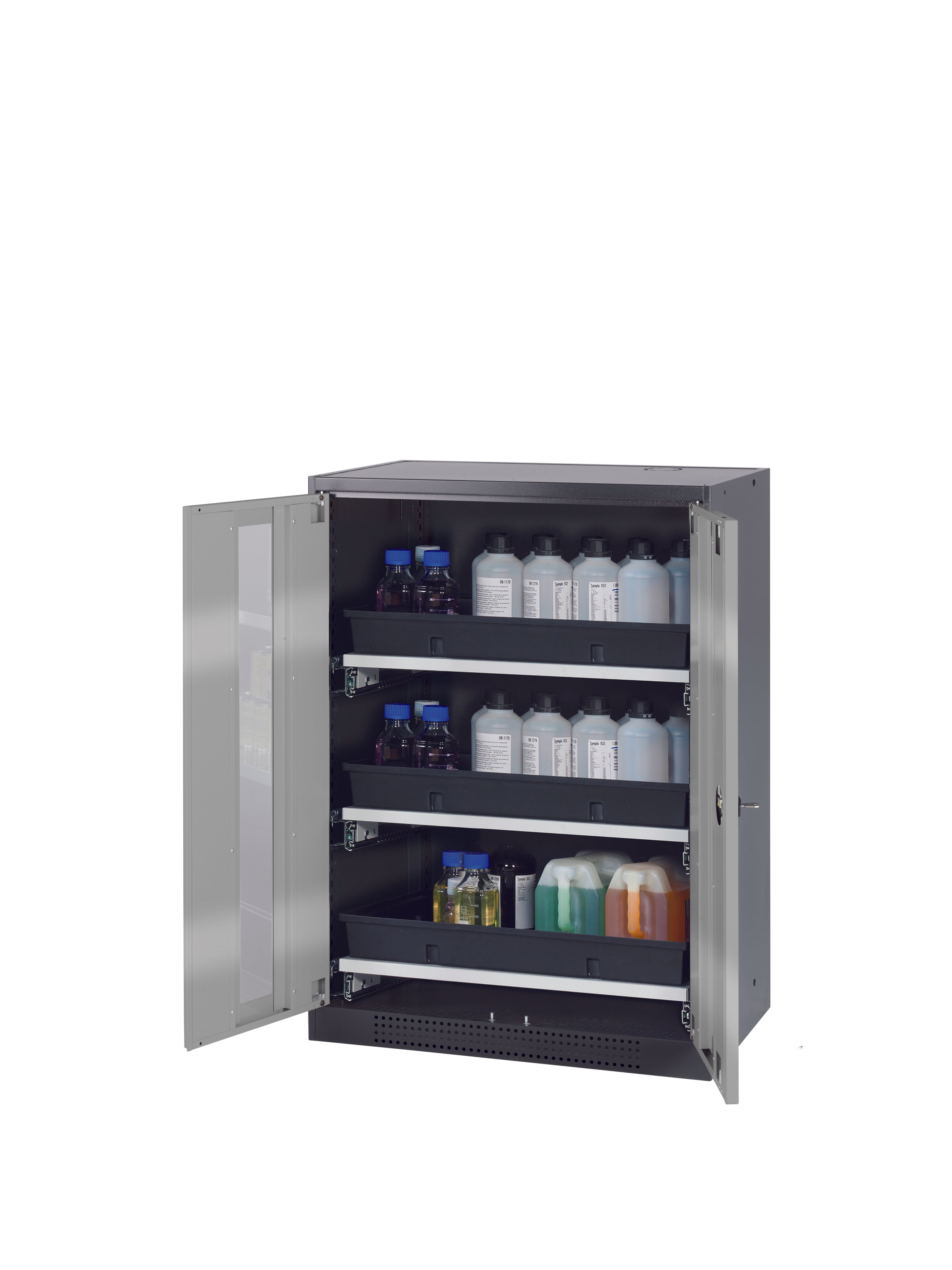 Chemikalienschrank CS-CLASSIC-G Modell CS.110.081.WDFW in asecos Silber mit 3x Tablarauszug AbZ (Stahlblech/Polypropylen)