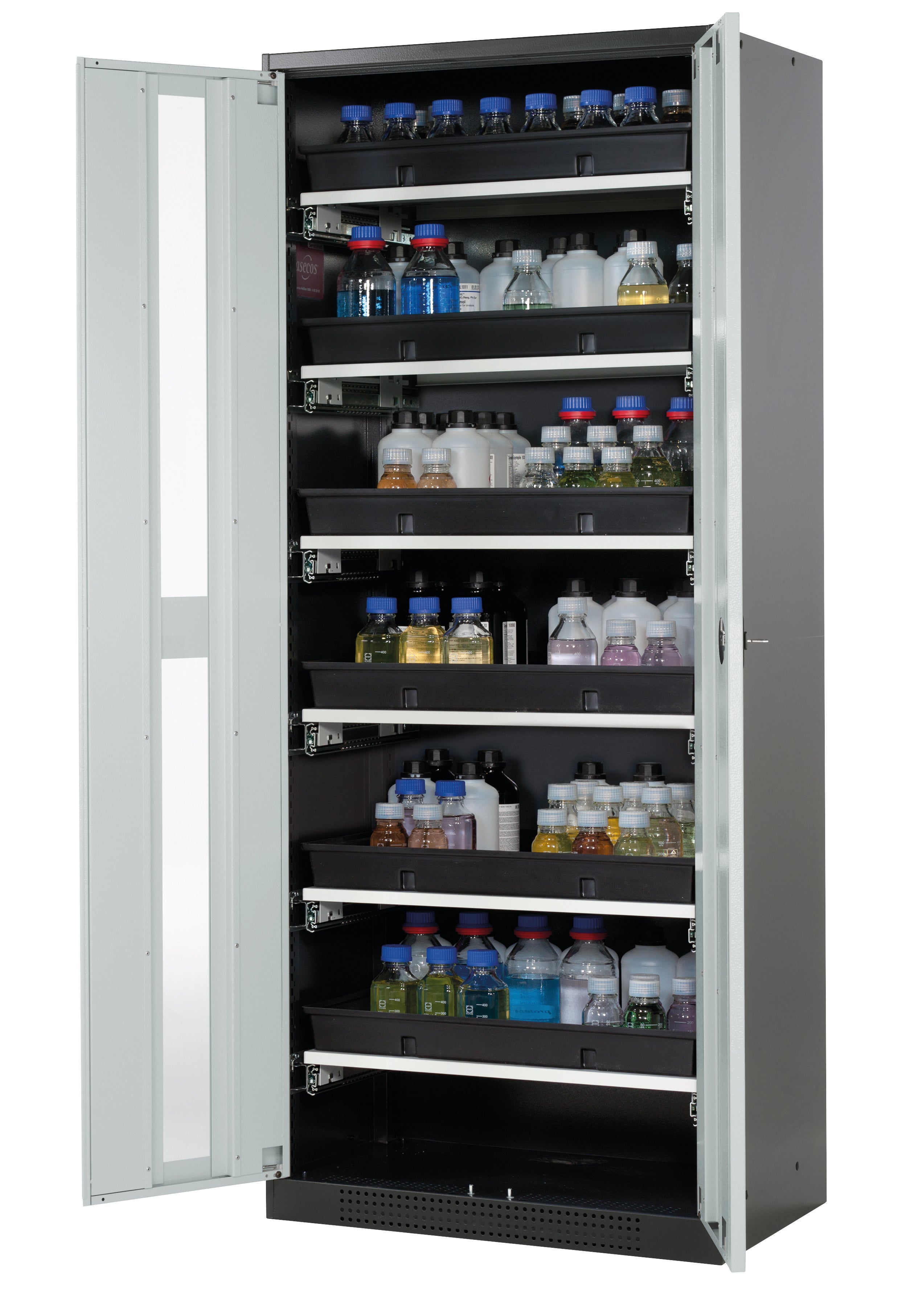 Chemikalienschrank CS-CLASSIC-G Modell CS.195.081.WDFW in lichtgrau RAL 7035 mit 6x Tablarauszug AbZ (Stahlblech/Polypropylen)