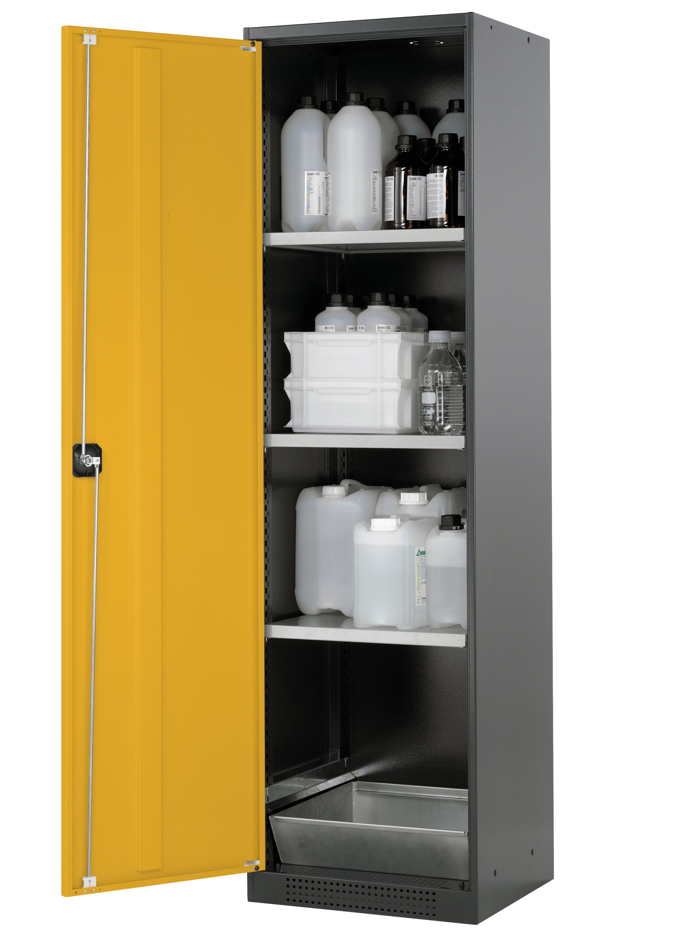 Chemikalienschrank CS-CLASSIC Modell CS.195.054 in sicherheitsgelb RAL 1004 mit 3x Fachboden Standard (Stahlblech)