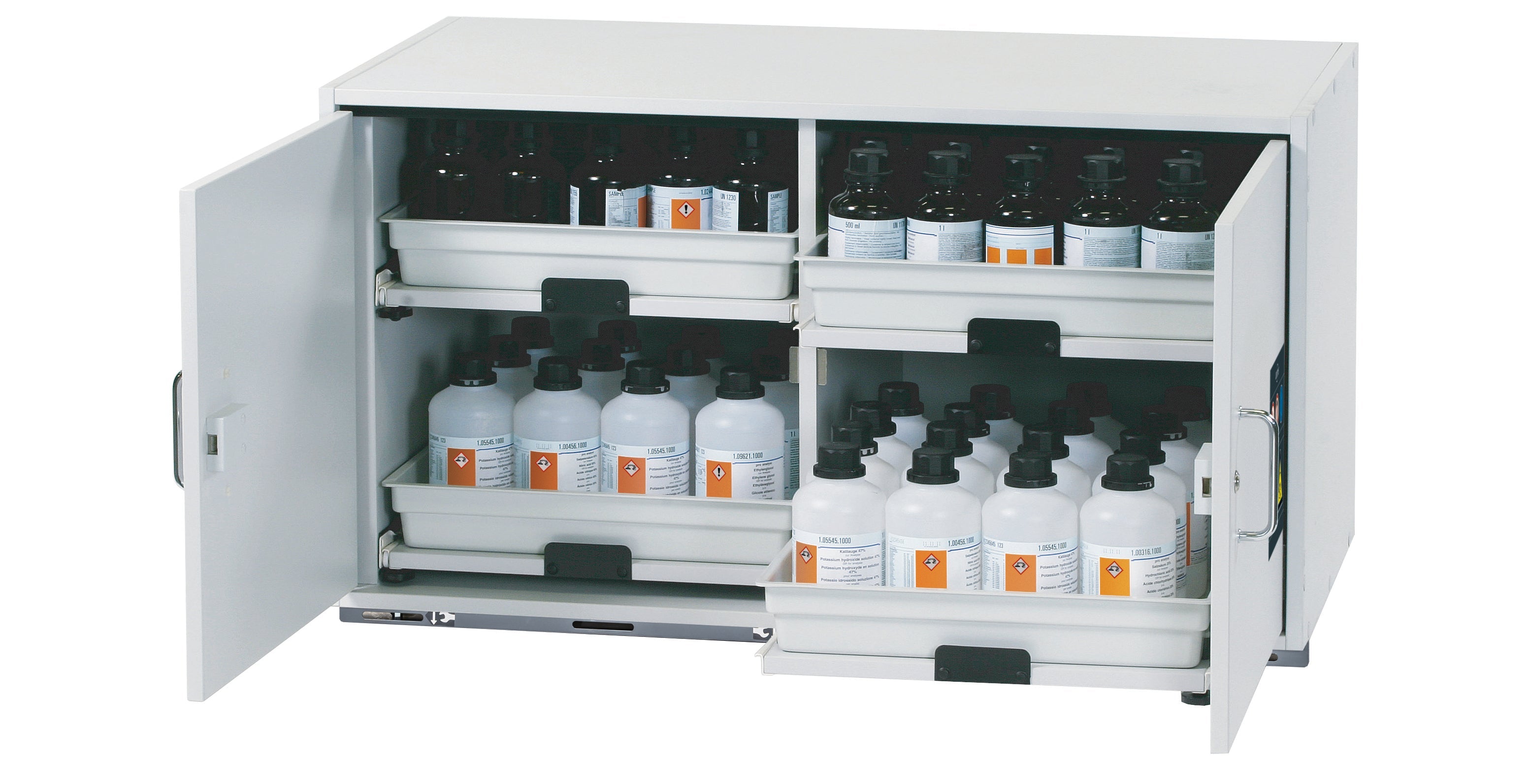 Säuren- und Laugenunterbauschrank SL-CLASSIC-UB Modell SL.060.110.UB.2T in lichtgrau mit 4x Tablarauszug AbZ (FP-Platte/Polypropylen)