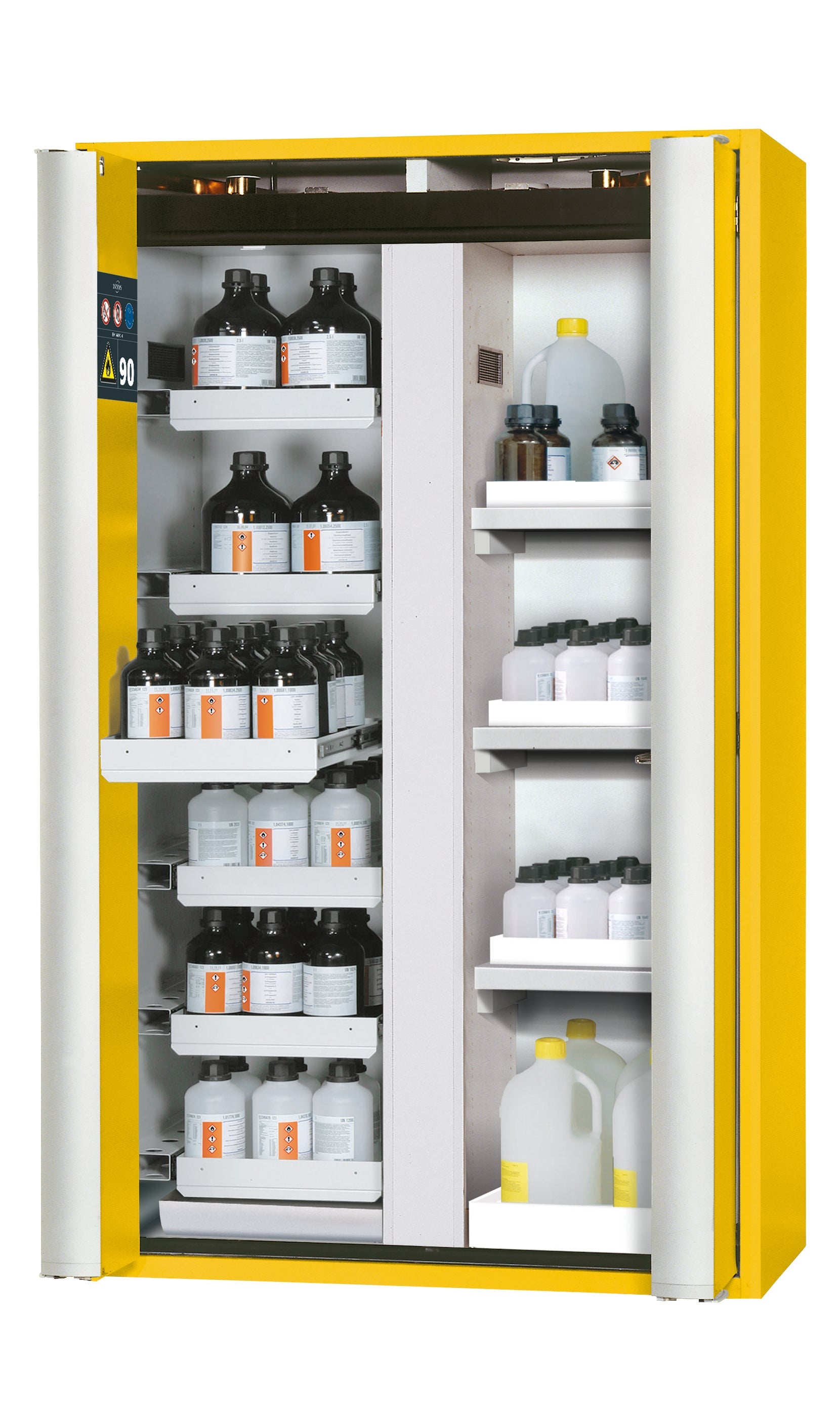 Type 90 safety cabinet S-PHOENIX-90 model S90.196.120.MV.FDAS in safety yellow RAL 1004 with 6x standard pull-out tray (sheet steel)
