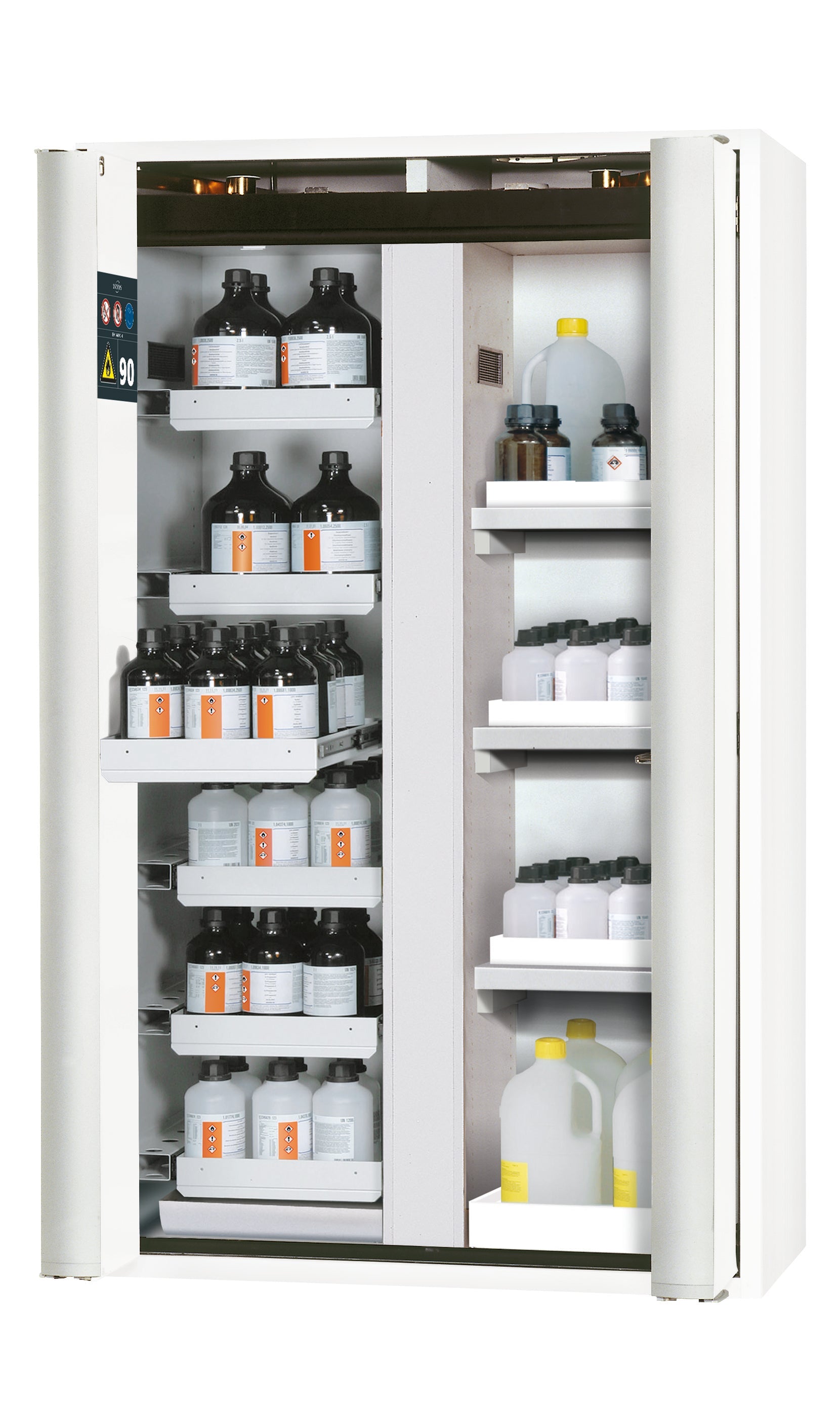 Typ 90 Sicherheitsschrank S-PHOENIX-90 Modell S90.196.120.MV.FDAS in laborweiss (ähnl. RAL 9016) mit 6x Auszugswanne Standard (Stahlblech)