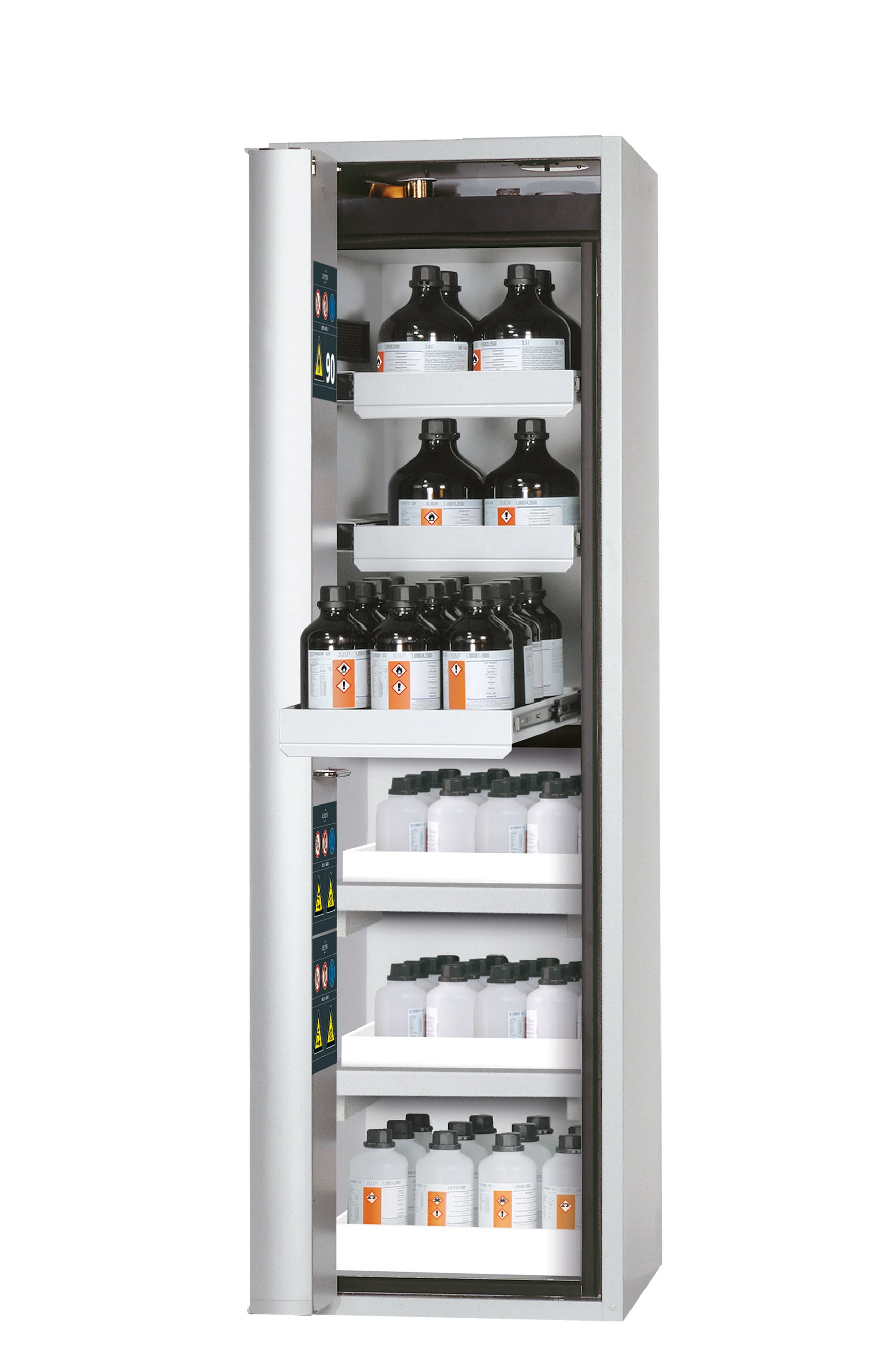 Type 90 safety cabinet S-PHOENIX-90 model S90.196.060.MH.FDAS in light gray RAL 7035 with 3x standard pull-out tray (sheet steel)