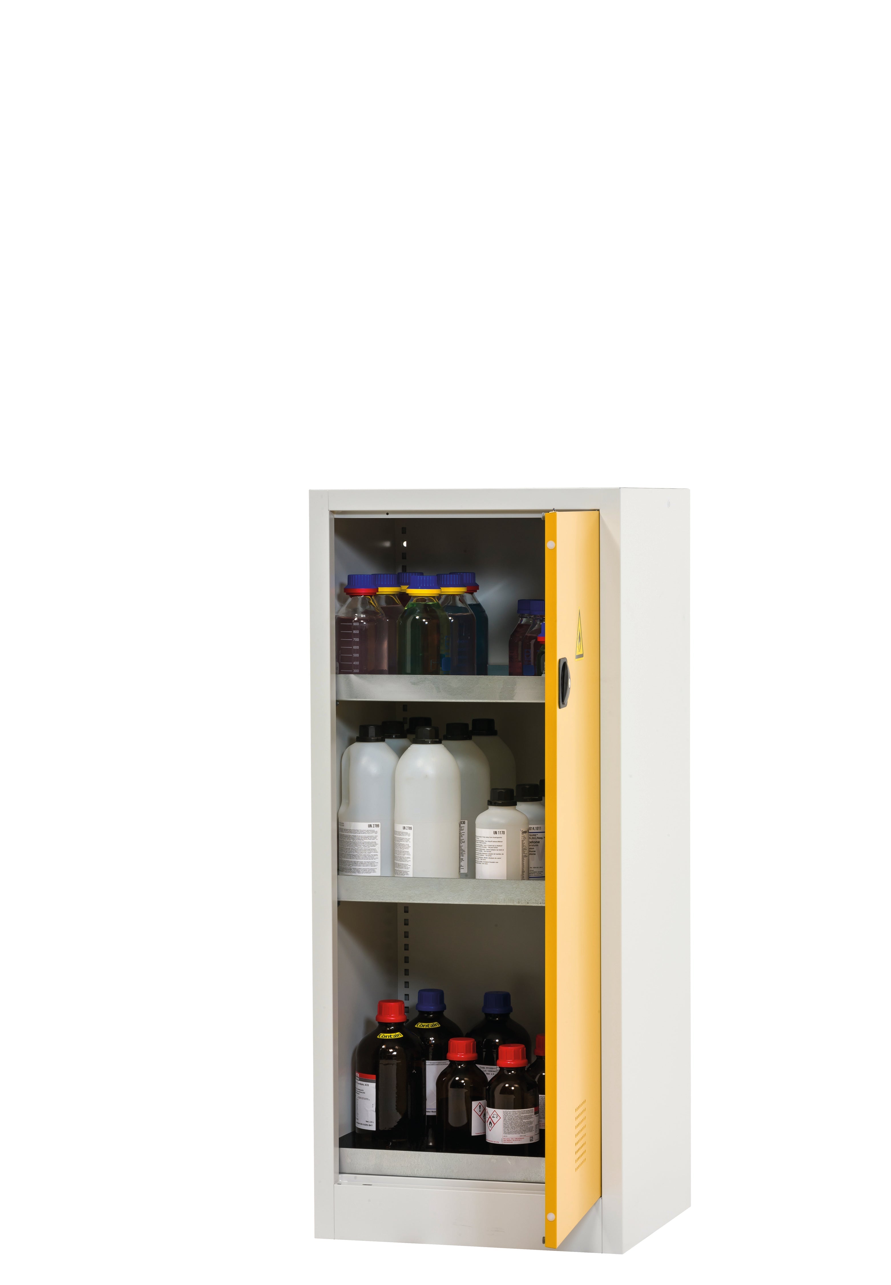 cabinet for chemicals CF-CLASSIC model CF.140.060.R:0005 in warning yellow RAL 1004 with 3x tray shelf (standard) (sheet steel), sheet steel powder-coated smooth