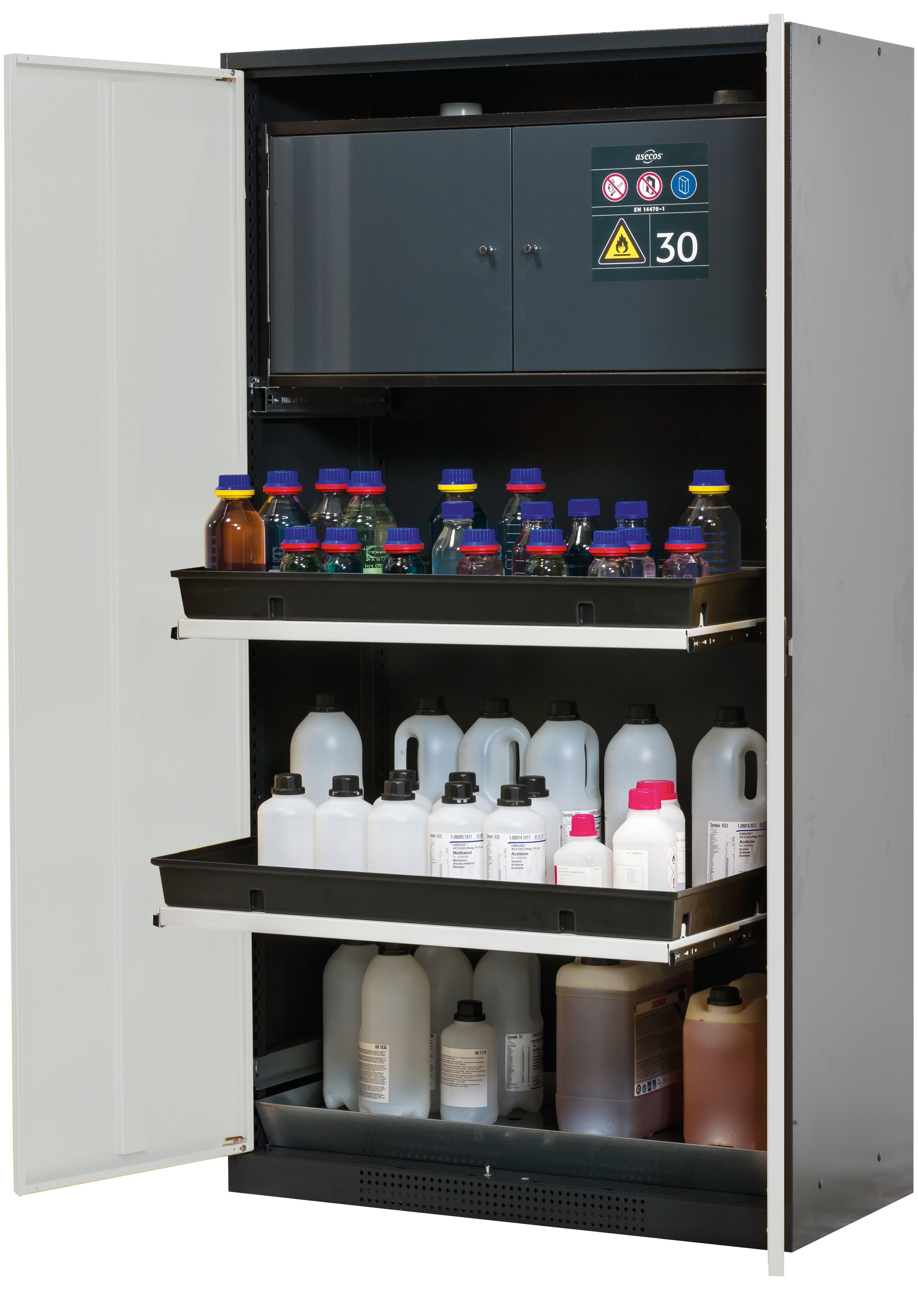 Chemical cabinet with type 30 safety box CS-CLASSIC-F model CS.195.105.F in light gray RAL 7035 with 3x AbZ shelf pull-out (sheet steel/polypropylene)