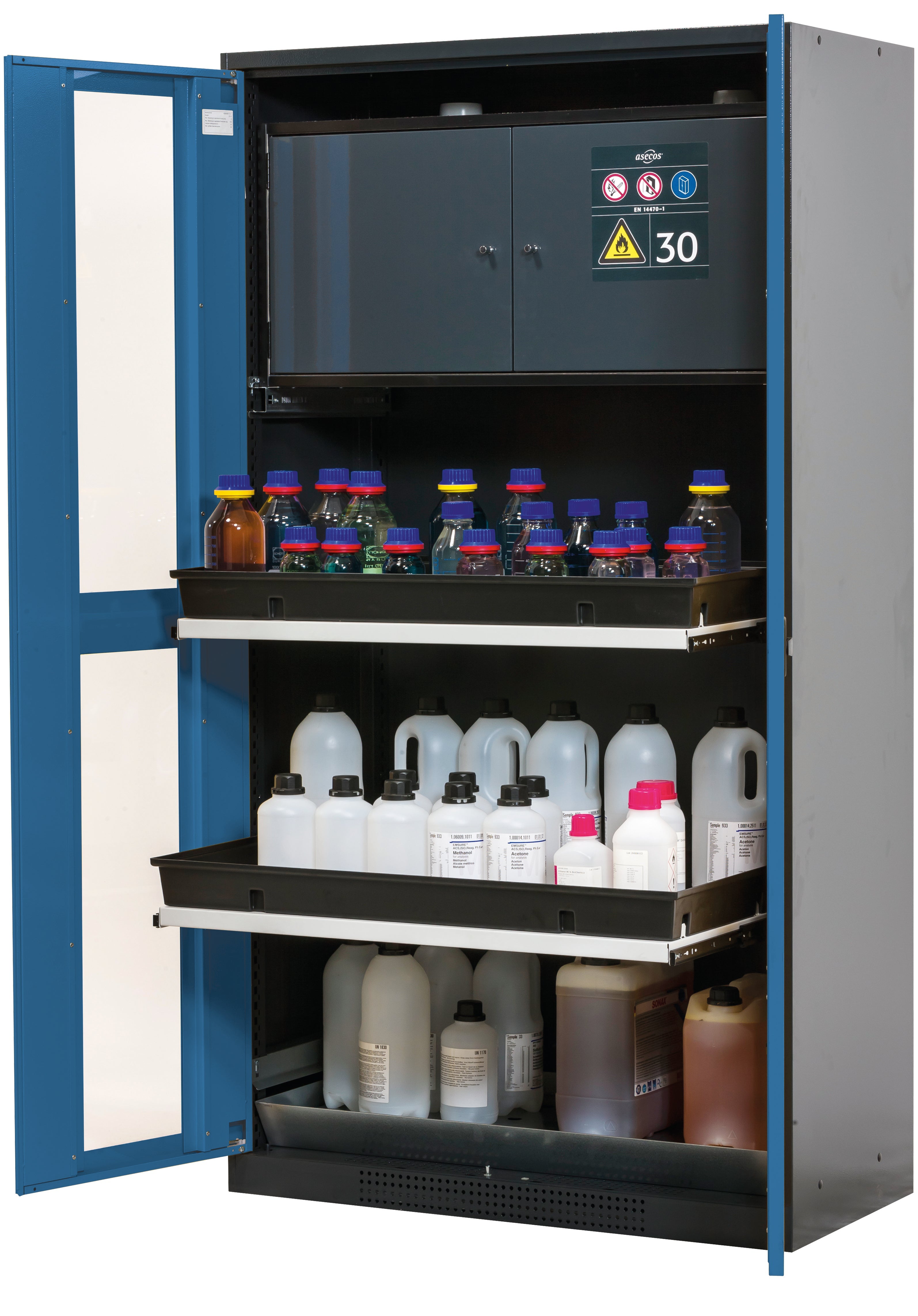 Chemical cabinet with type 30 safety box CS-CLASSIC-GF model CS.195.105.F.WDFW in gentian blue RAL 5010 with 3x AbZ shelf pull-out (sheet steel/polypropylene)
