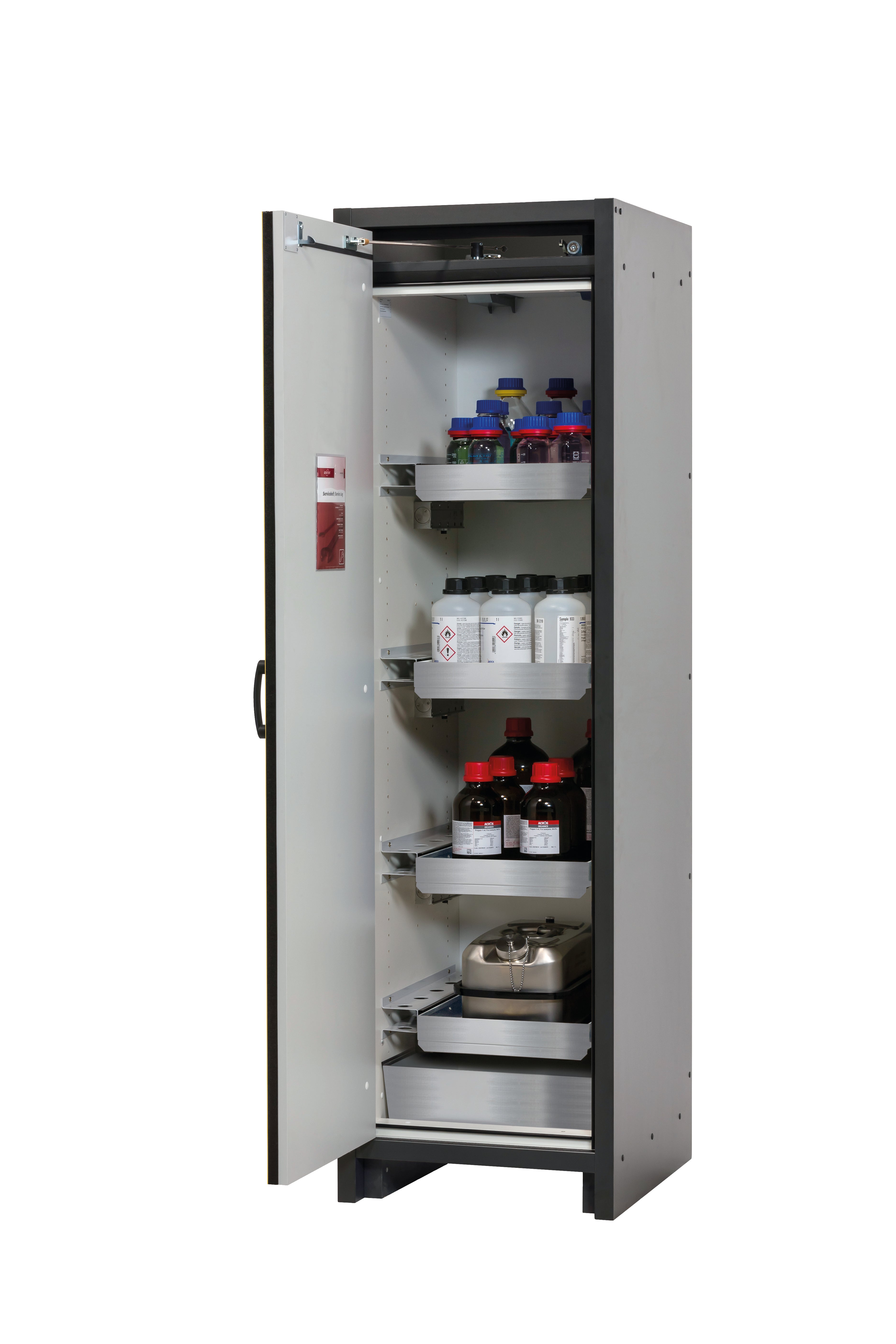 Armoire de sécurité type 30 Q-CLASSIC-30 modèle Q30.195.056 en jaune de sécurité RAL 1004 avec 3 plateaux coulissants standard (acier inoxydable 1.4301)