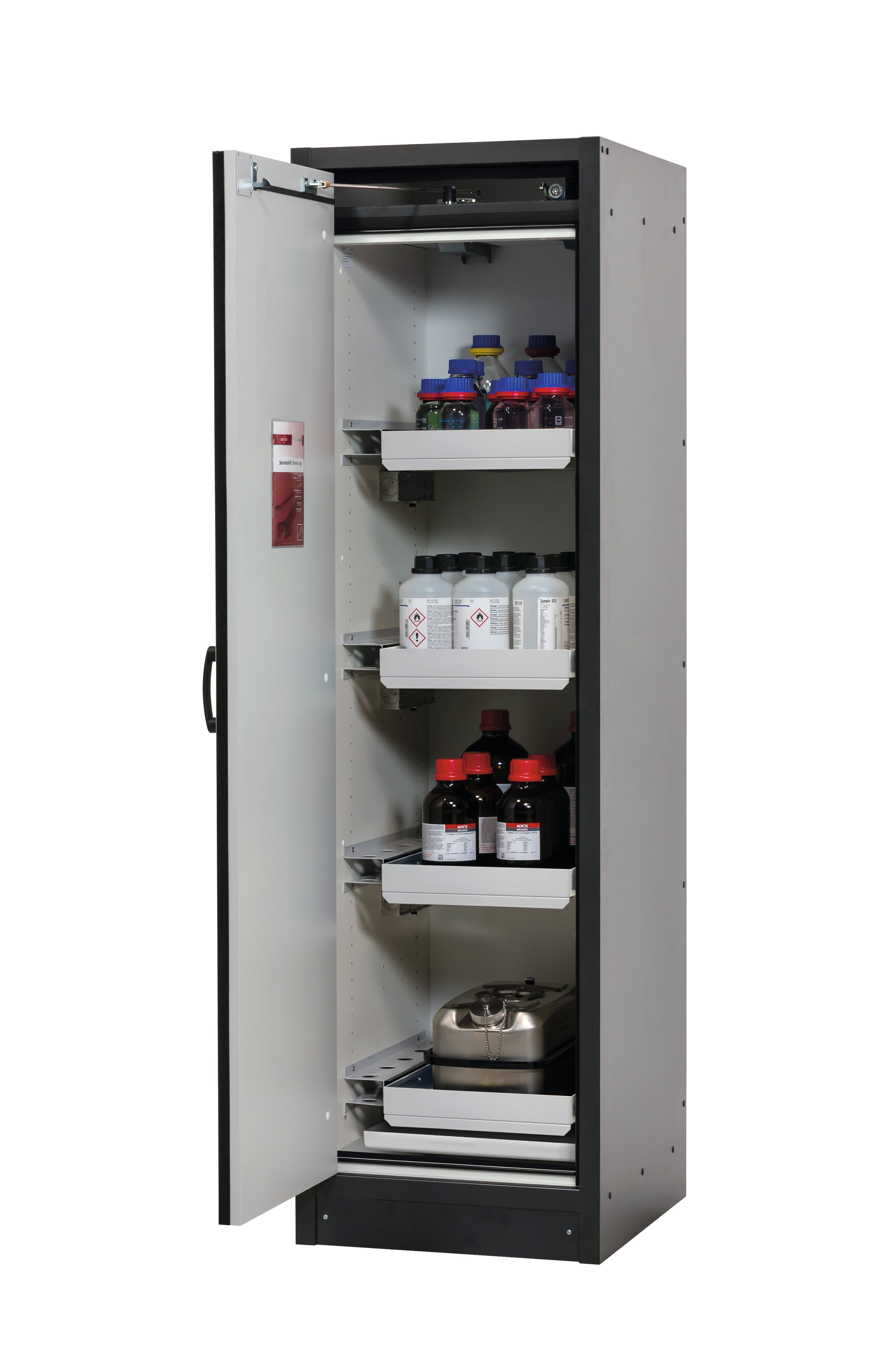 Typ 30 Sicherheitsschrank Q-CLASSIC-30 Modell Q30.195.056 in verkehrsrot RAL 3020 mit 4x Auszugswanne Standard (Stahlblech)