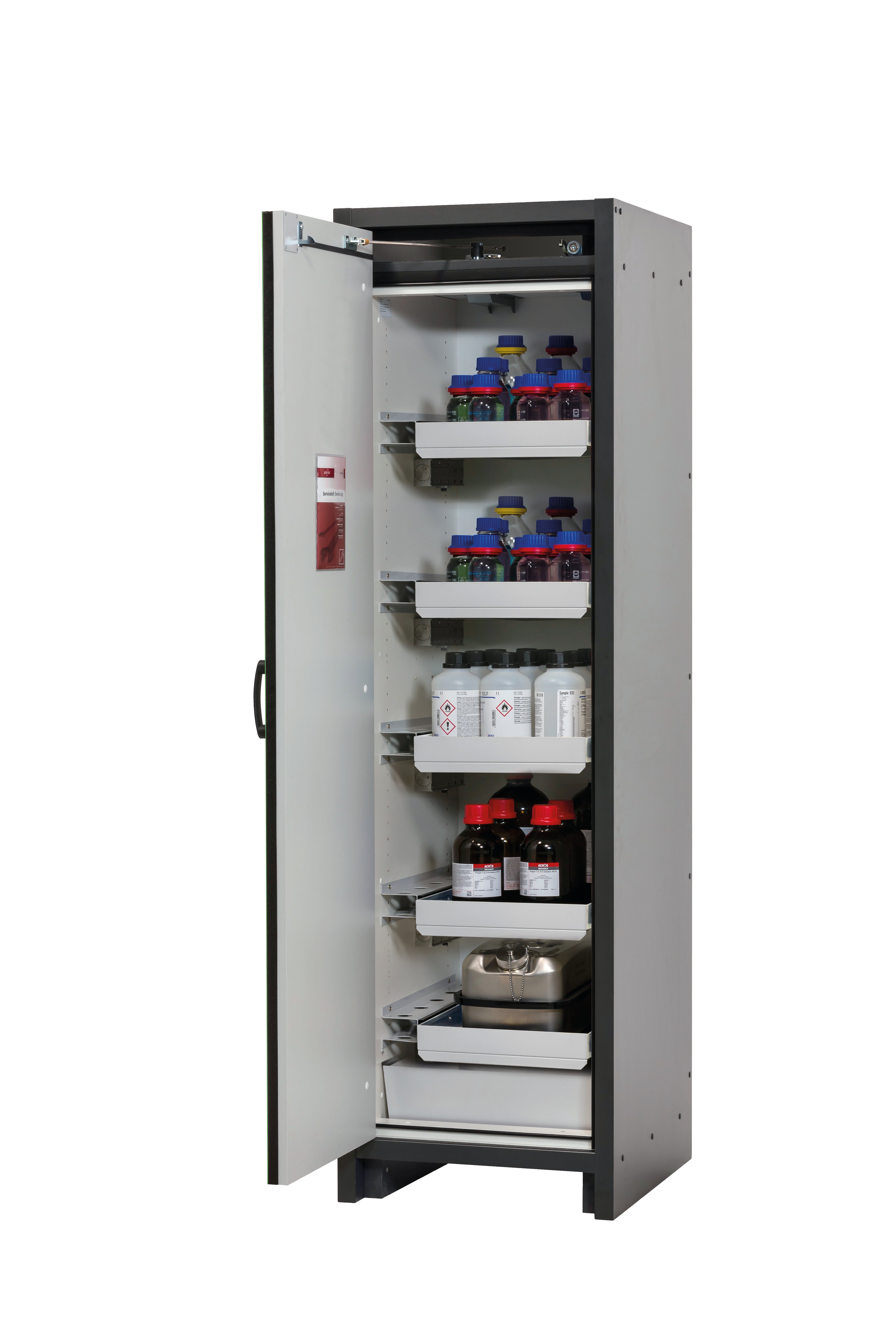 Typ 30 Sicherheitsschrank Q-CLASSIC-30 Modell Q30.195.056 in resedagrün RAL 6011 mit 4x Auszugswanne Standard (Stahlblech)