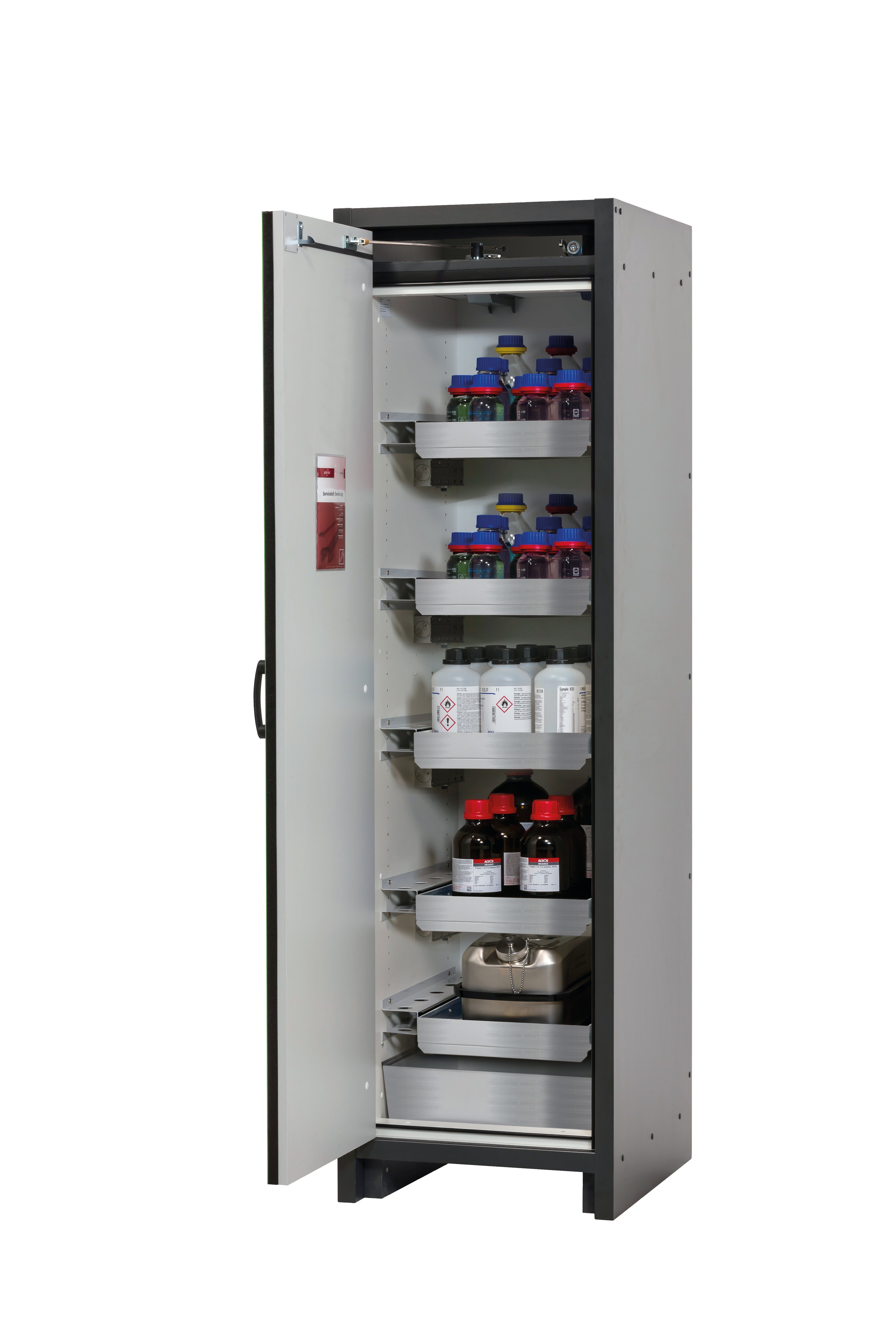 Typ 30 Sicherheitsschrank Q-CLASSIC-30 Modell Q30.195.056 in resedagrün RAL 6011 mit 4x Auszugswanne Standard (Edelstahl 1.4301)