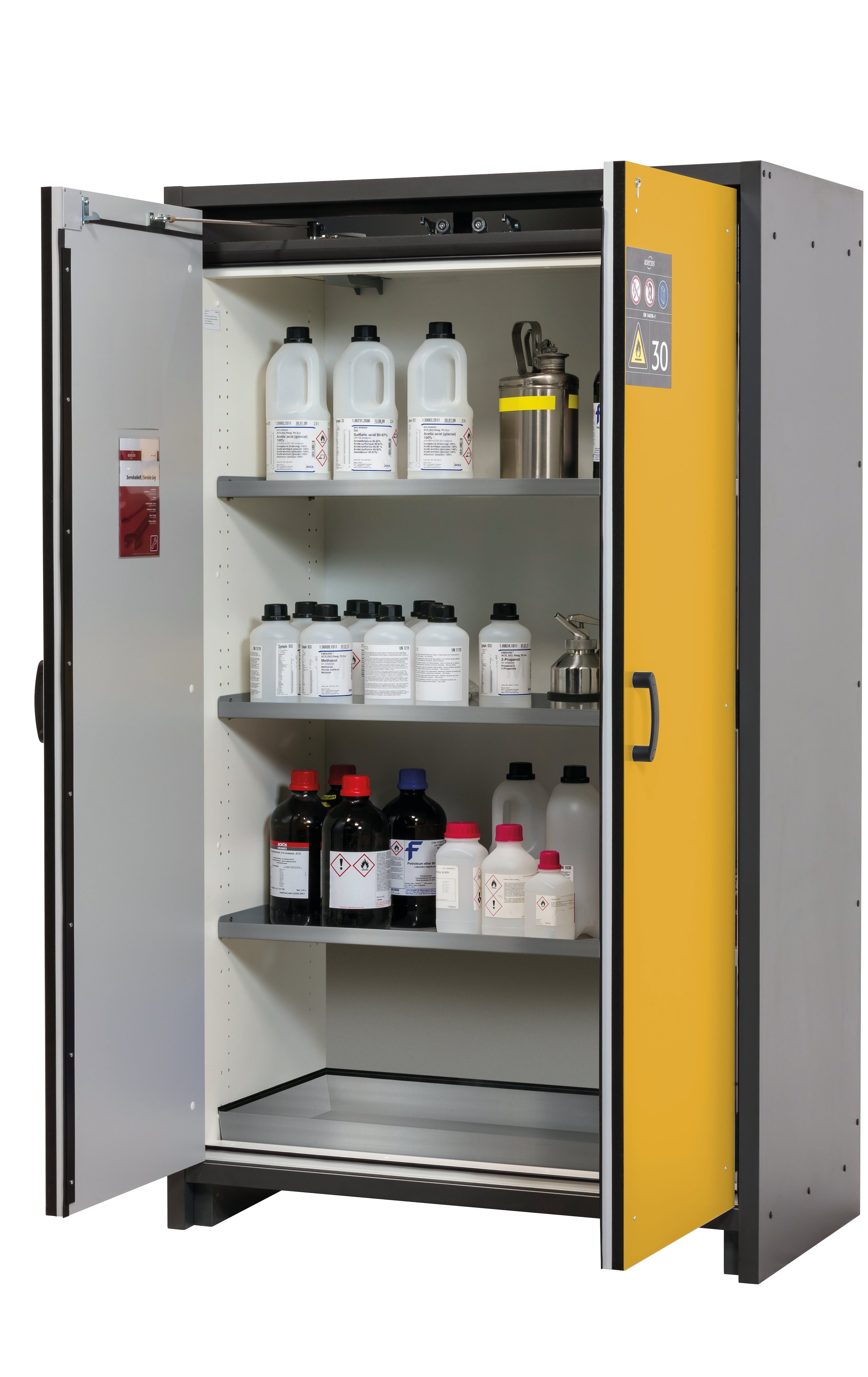 Armoire de sécurité type 30 Q-CLASSIC-30 modèle Q30.195.116 en jaune sécurité RAL 1004 avec 3 étagères standard (acier inoxydable 1.4301)