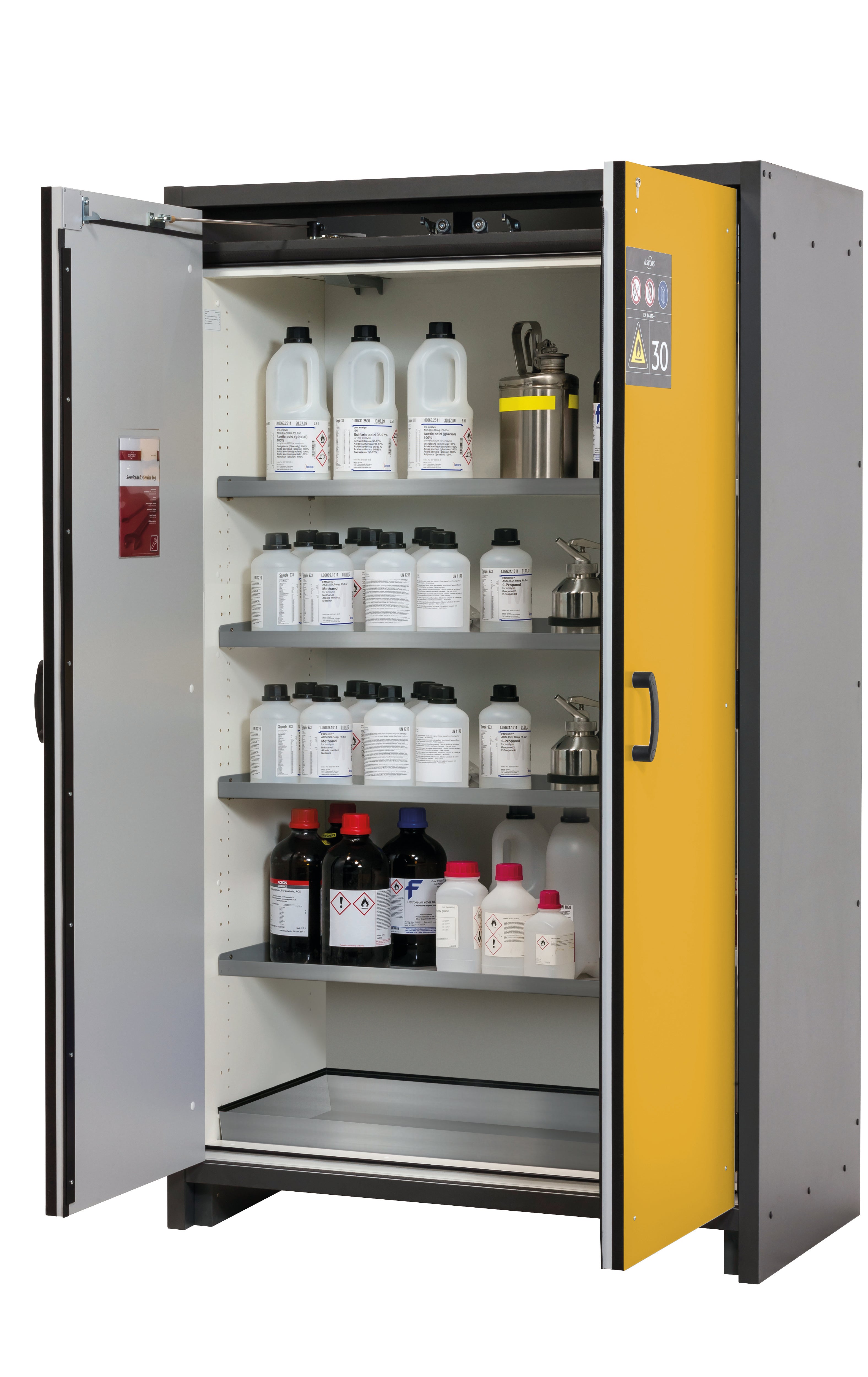 Armoire de sécurité type 30 Q-CLASSIC-30 modèle Q30.195.116 en jaune sécurité RAL 1004 avec 4x étagères standard (acier inoxydable 1.4301)