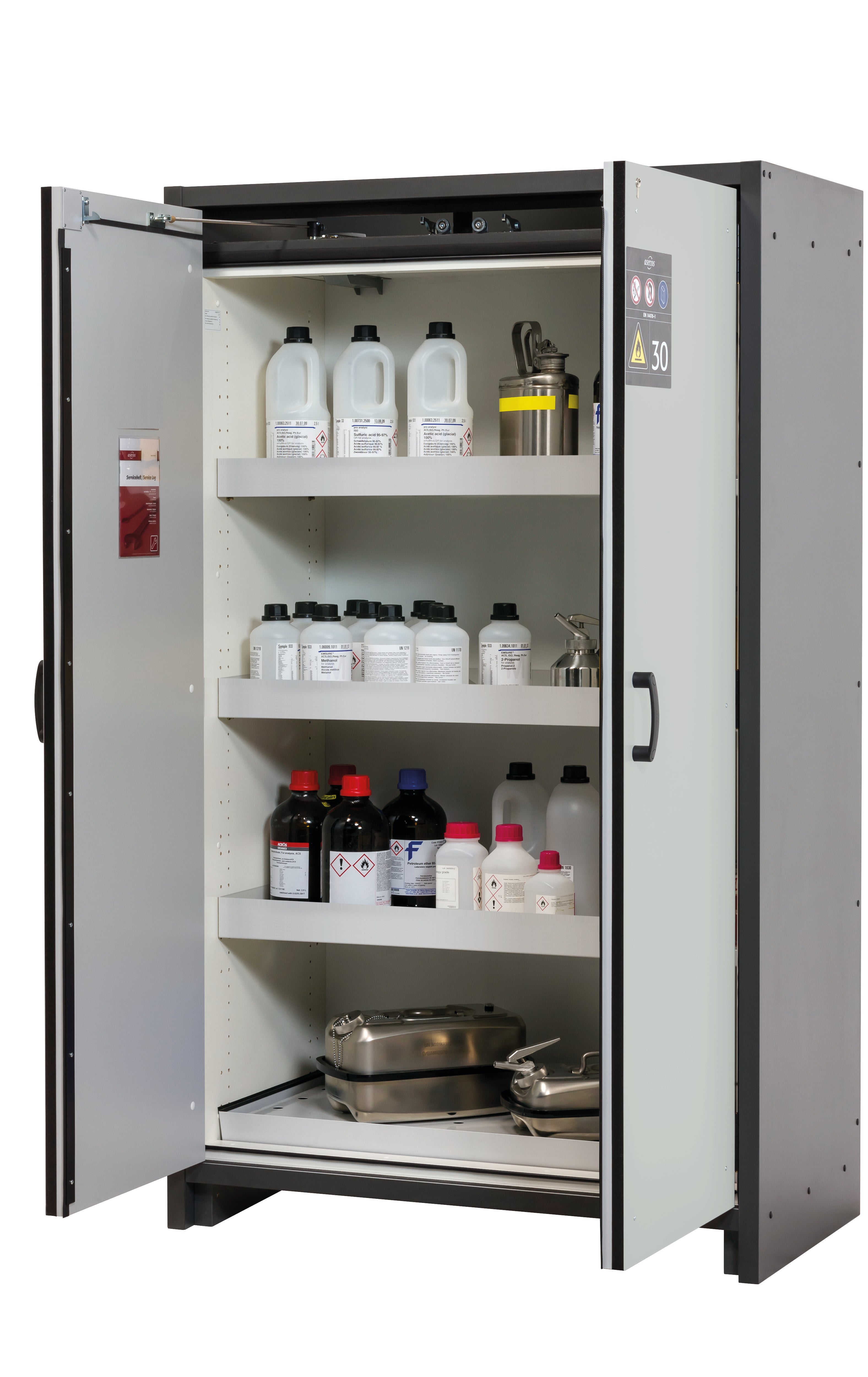 Typ 30 Sicherheitsschrank Q-CLASSIC-30 Modell Q30.195.116 in lichtgrau RAL 7035 mit 3x Wannenboden Standard (Stahlblech)