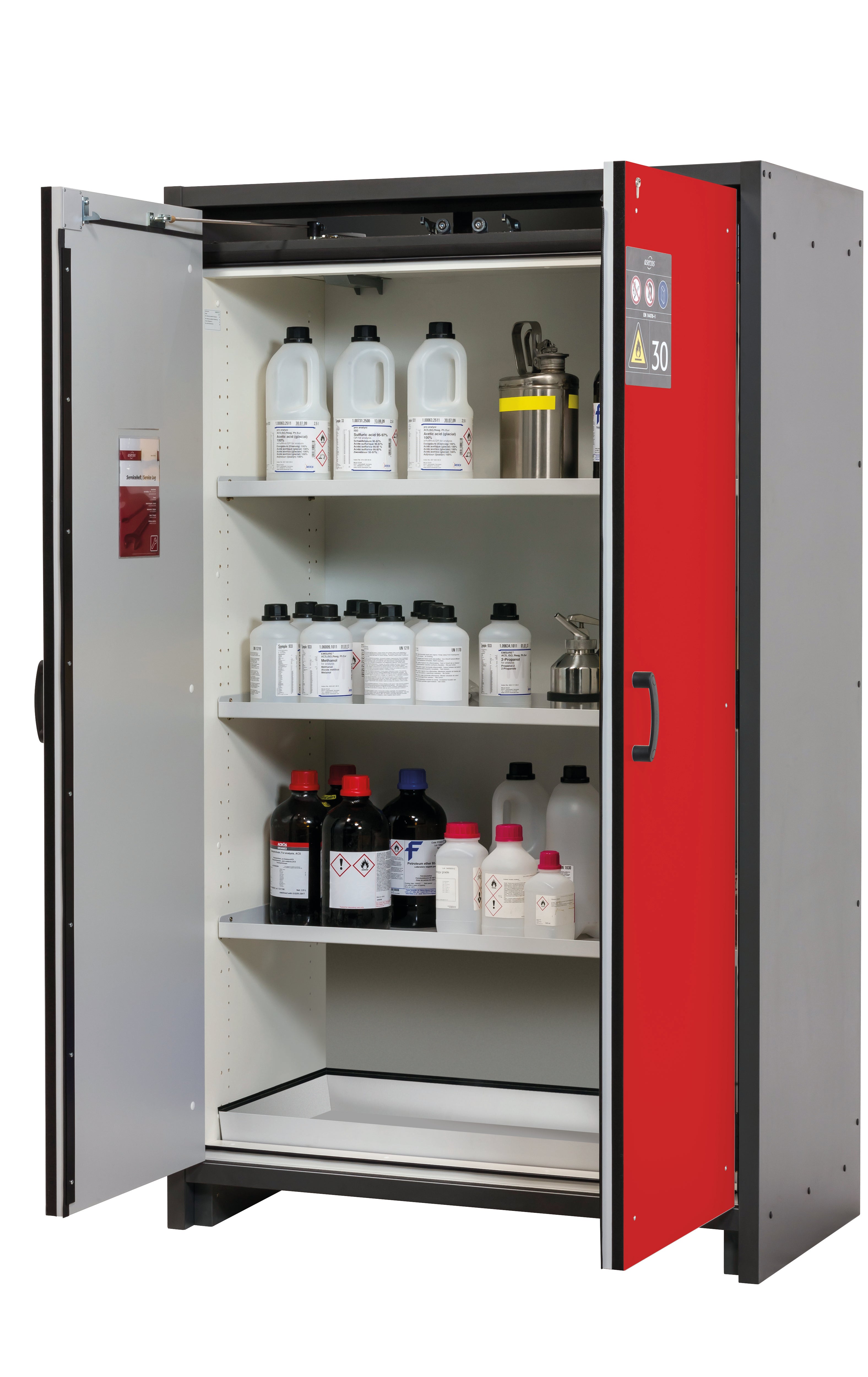 Armoire de sécurité type 30 Q-CLASSIC-30 modèle Q30.195.116 en rouge signalisation RAL 3020 avec 3 étagères standard (tôle d'acier)