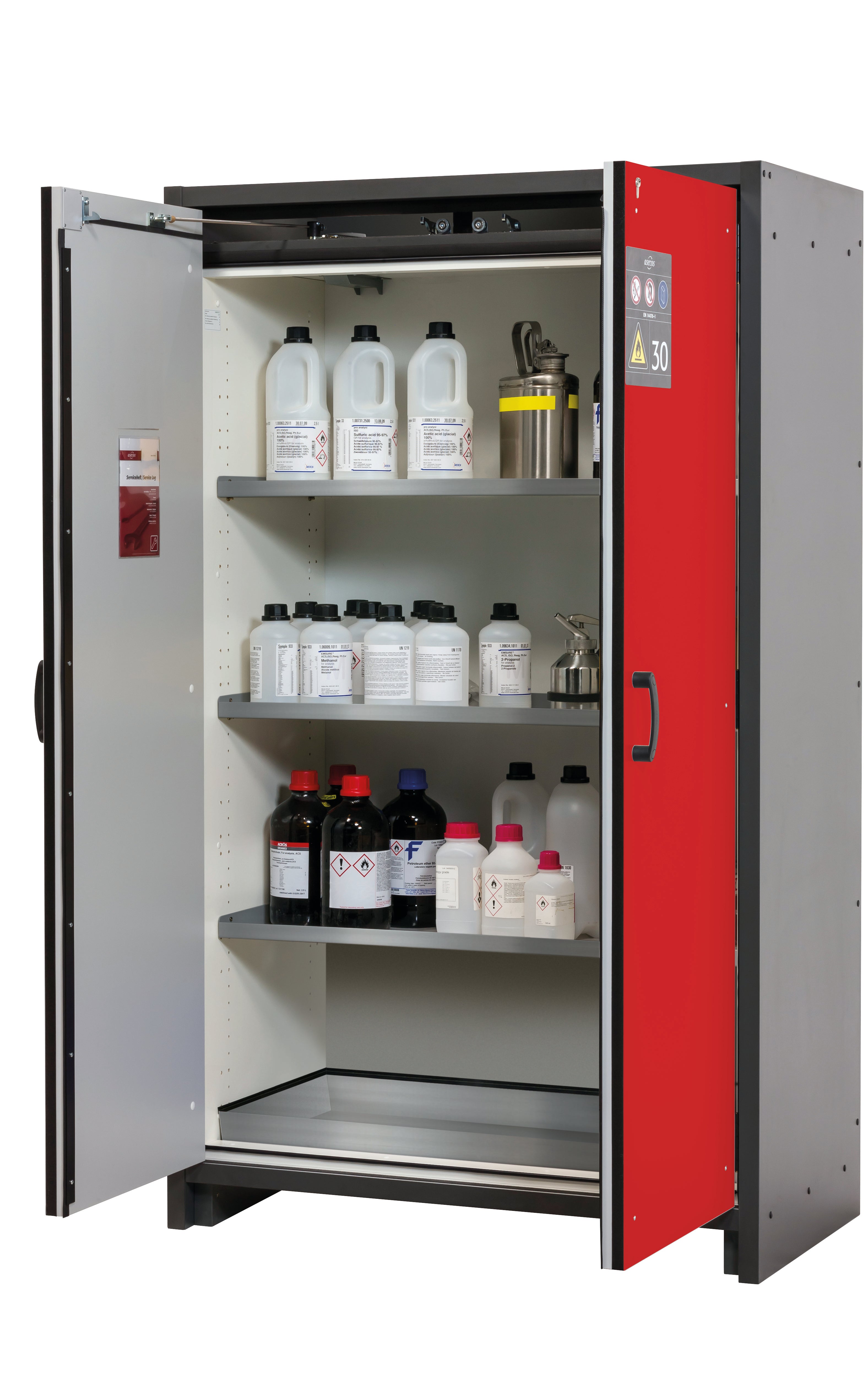 Armoire de sécurité type 30 Q-CLASSIC-30 modèle Q30.195.116 en rouge signalisation RAL 3020 avec 3 étagères standard (acier inoxydable 1.4301)