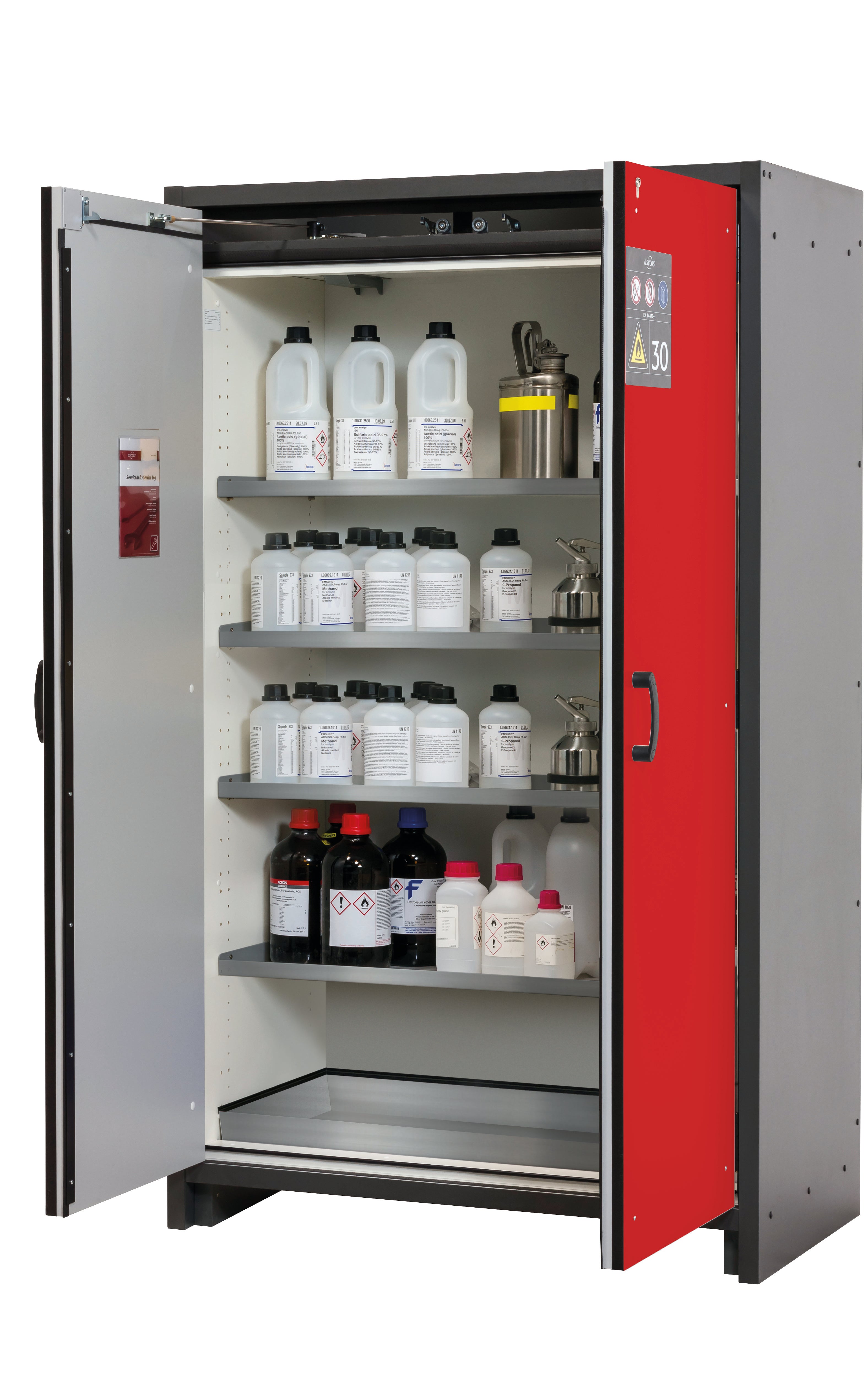 Armoire de sécurité type 30 Q-CLASSIC-30 modèle Q30.195.116 en rouge signalisation RAL 3020 avec 4x étagères standard (acier inoxydable 1.4301)