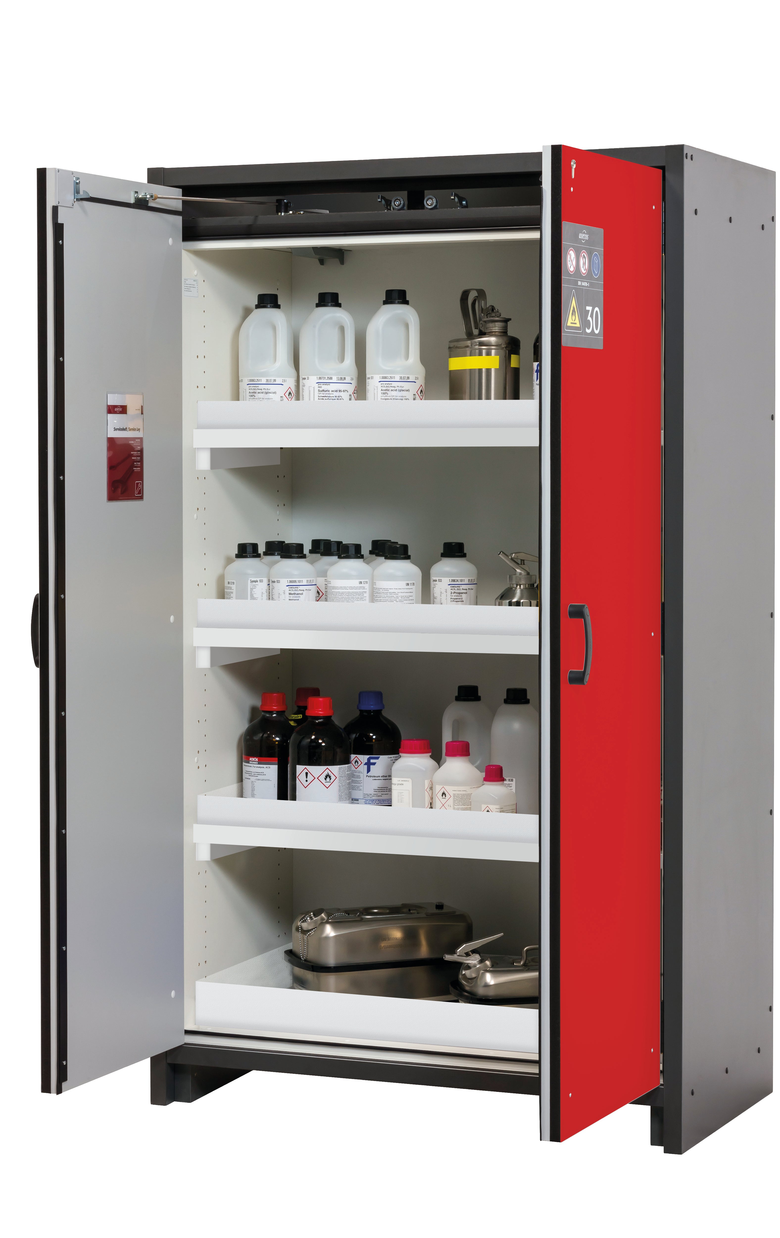 Armoire de sécurité type 30 Q-CLASSIC-30 modèle Q30.195.116 en rouge signalisation RAL 3020 avec 3x pieds de plateau standard (polypropylène)