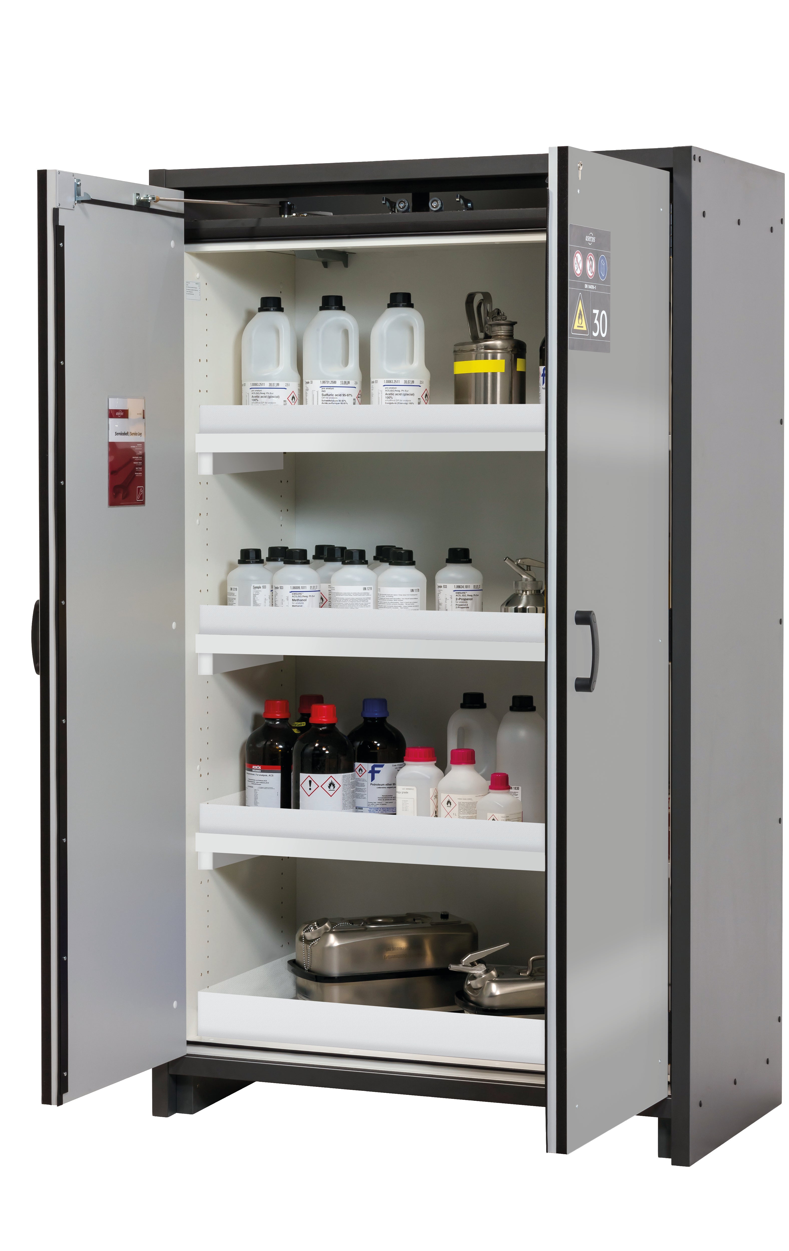 Armoire de sécurité type 30 Q-CLASSIC-30 modèle Q30.195.116 en argent asecos avec 3x base de plateau standard (polypropylène)