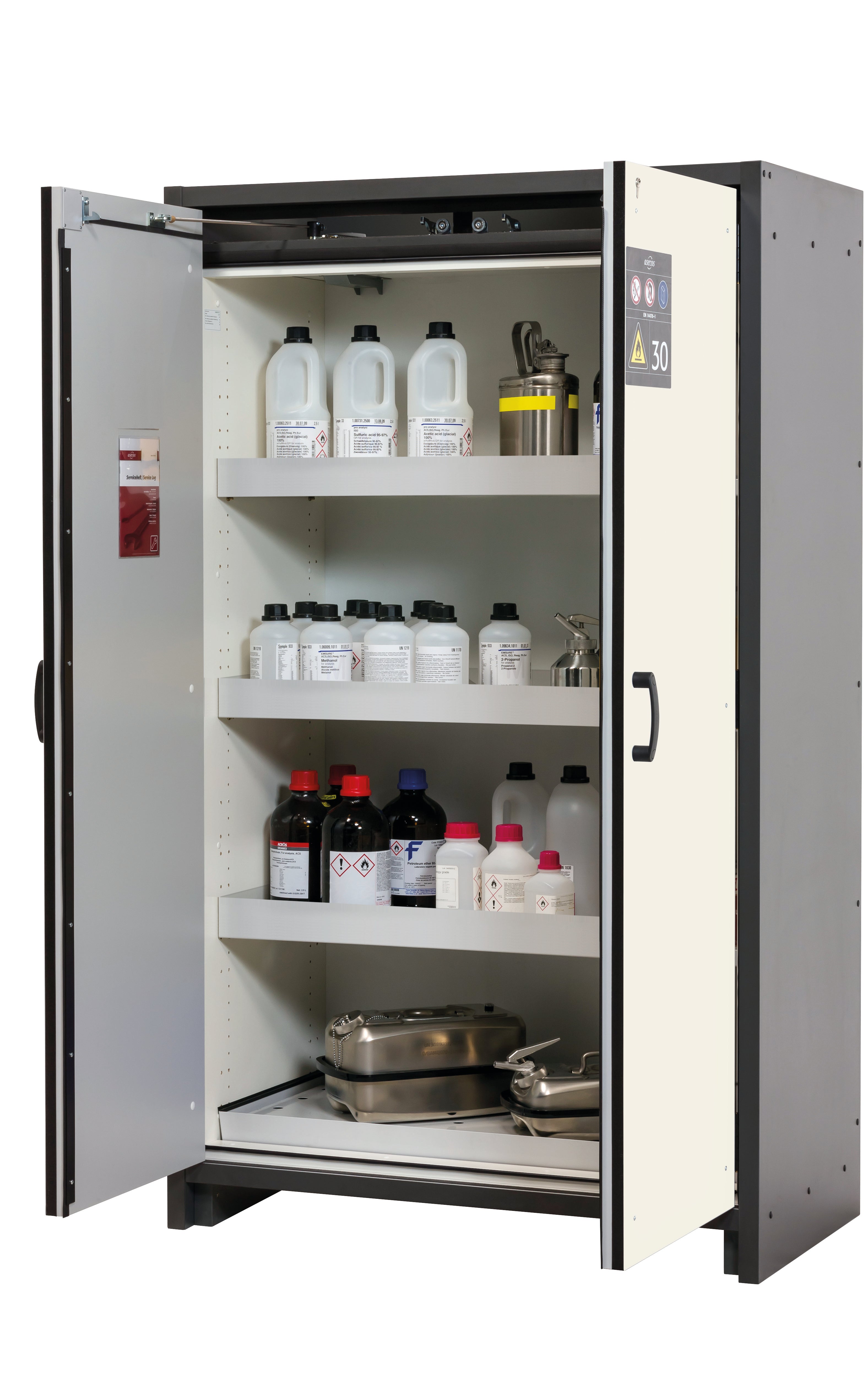 Type 30 safety cabinet Q-CLASSIC-30 model Q30.195.116 in pure white RAL 9010 with 3x standard tray base (sheet steel)