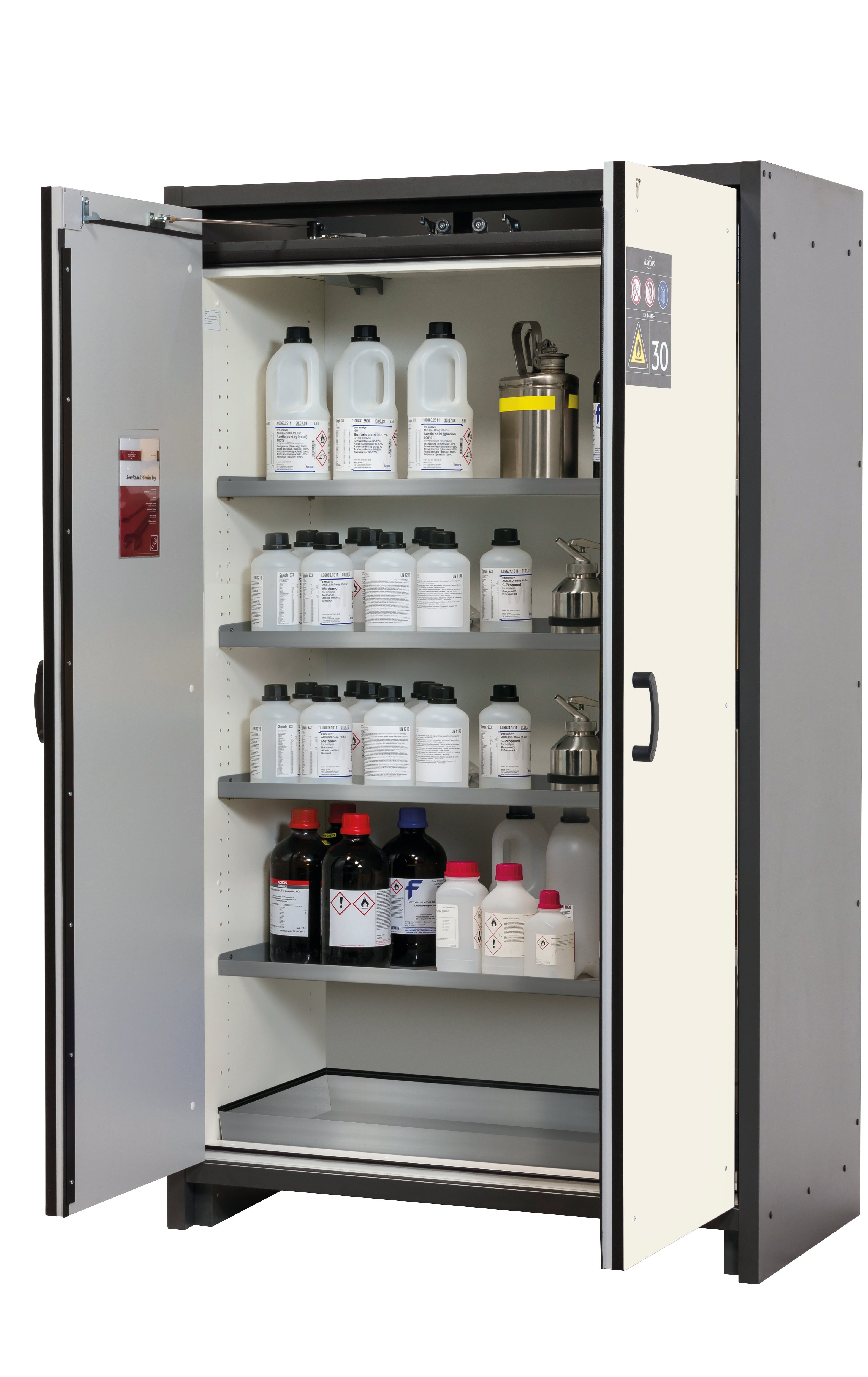 Type 30 safety cabinet Q-CLASSIC-30 model Q30.195.116 in pure white RAL 9010 with 4x standard shelves (stainless steel 1.4301)