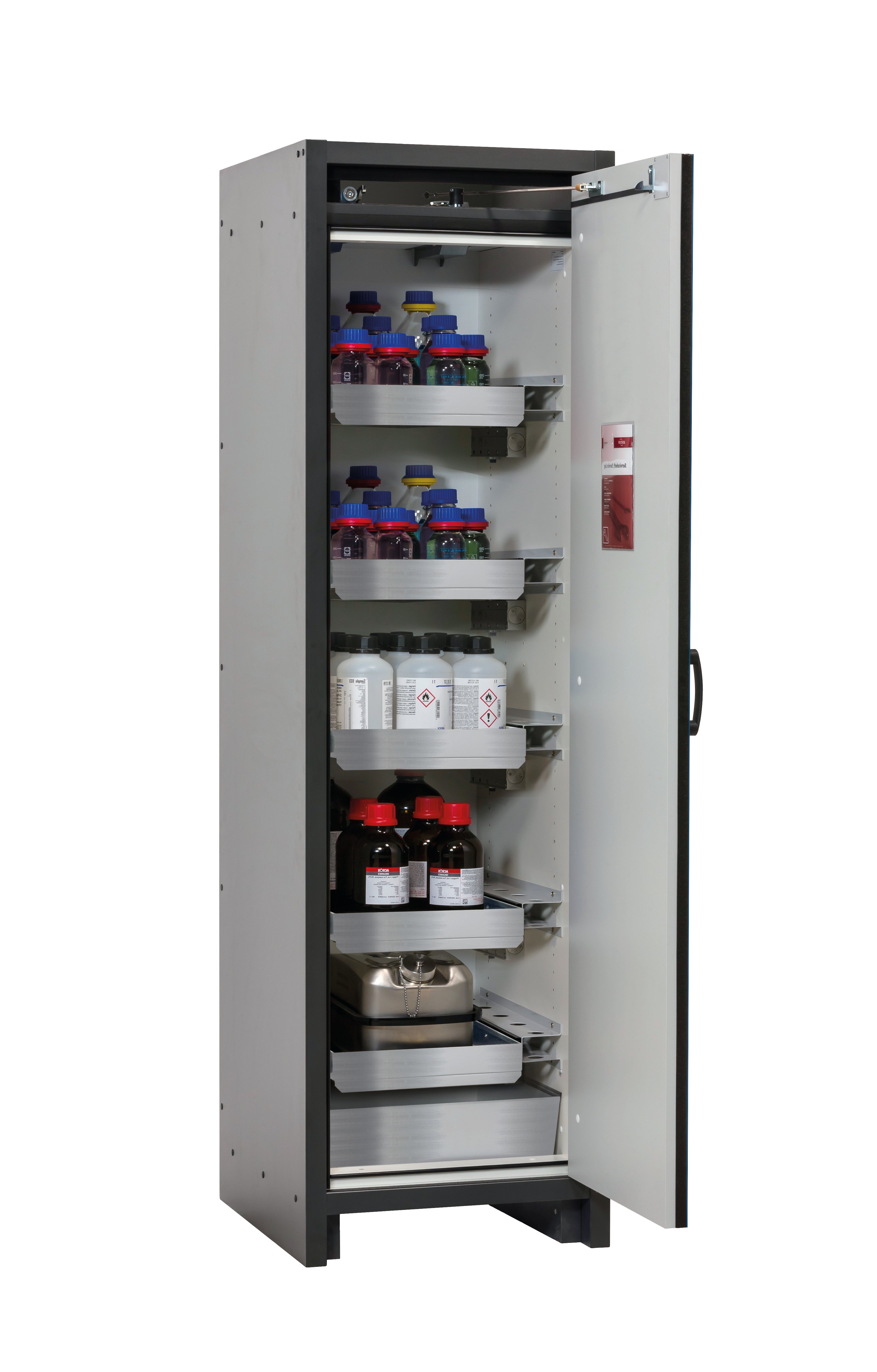 Type 30 safety cabinet Q-CLASSIC-30 model Q30.195.056.R in gentian blue RAL 5010 with 4x standard pull-out tray (stainless steel 1.4301)