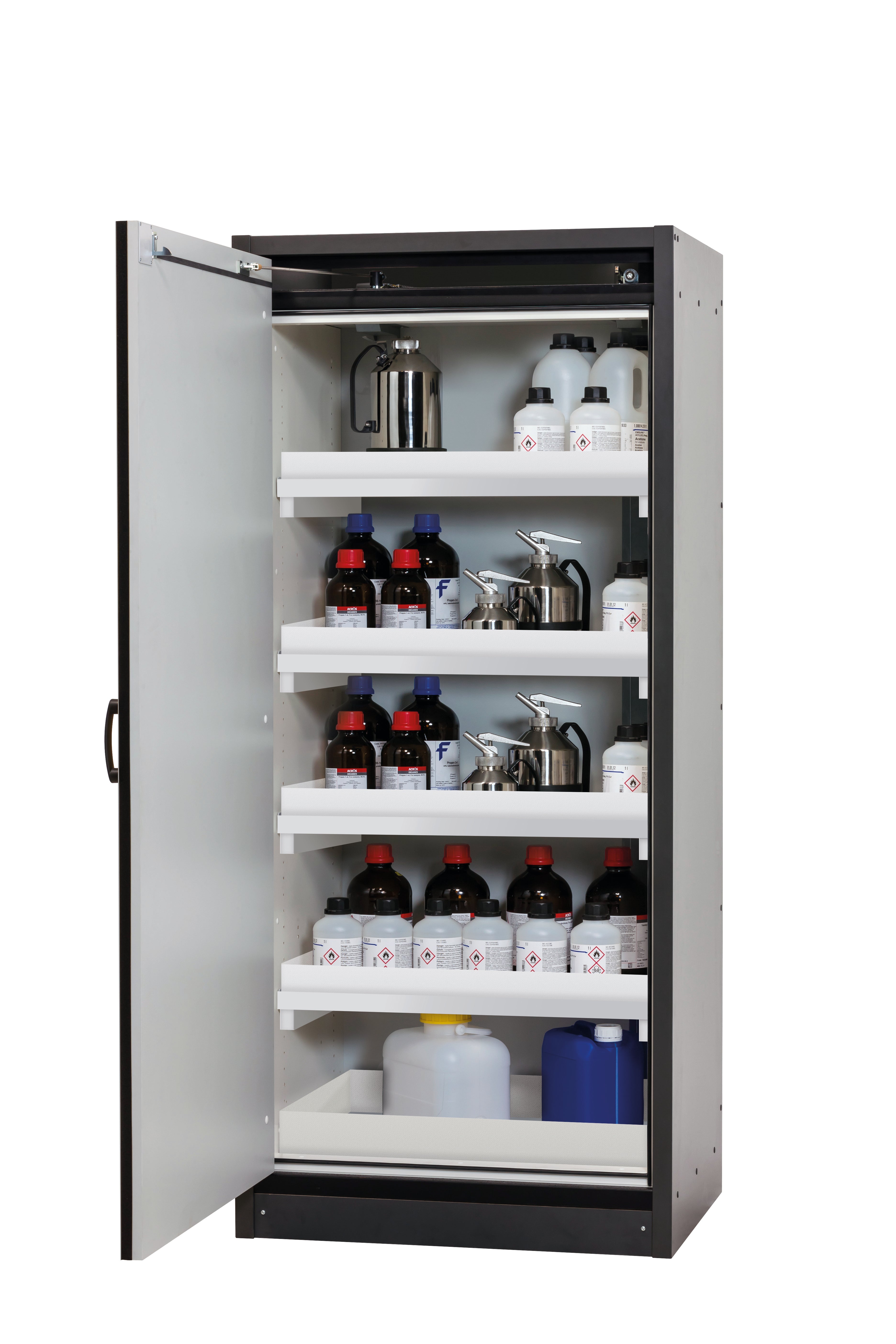 Type 30 safety cabinet Q-CLASSIC-30 model Q30.195.086.WD in light gray RAL 7035 with 4x standard tray base (polypropylene)