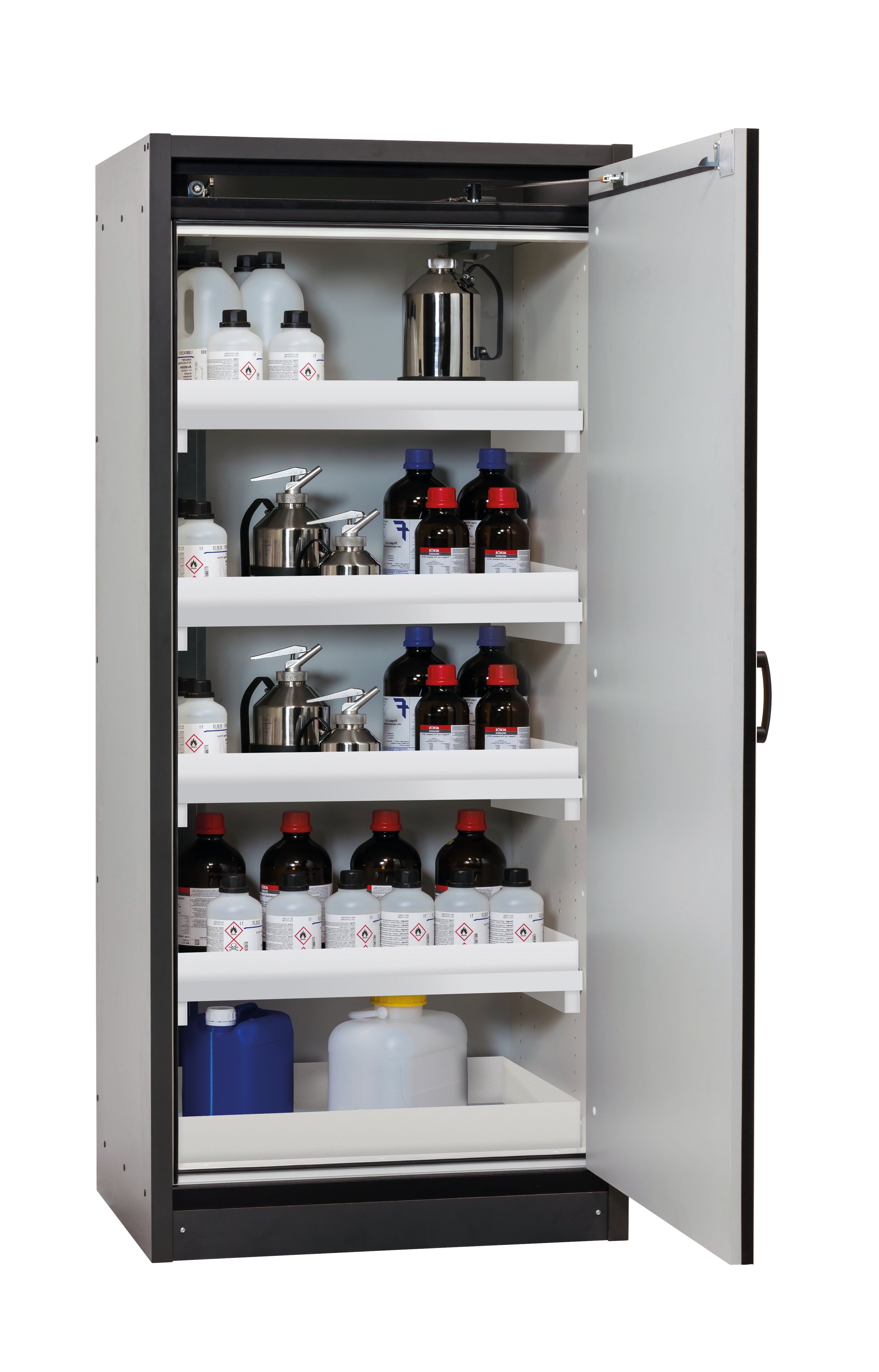 Type 30 safety cabinet Q-CLASSIC-30 model Q30.195.086.WDR in safety yellow RAL 1004 with 4x standard tray base (polypropylene)