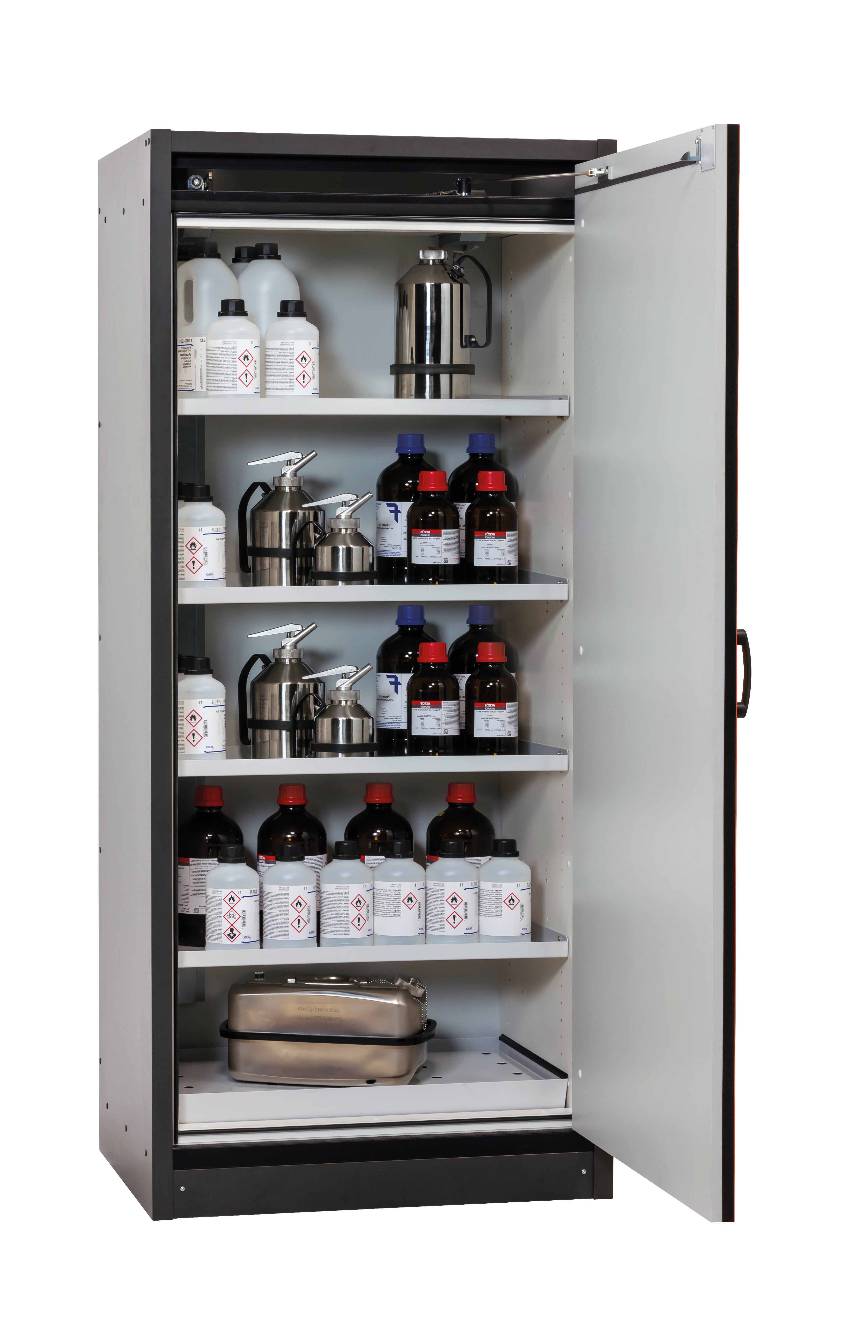 Type 30 safety cabinet Q-CLASSIC-30 model Q30.195.086.WDR in traffic red RAL 3020 with 4x standard shelves (sheet steel)