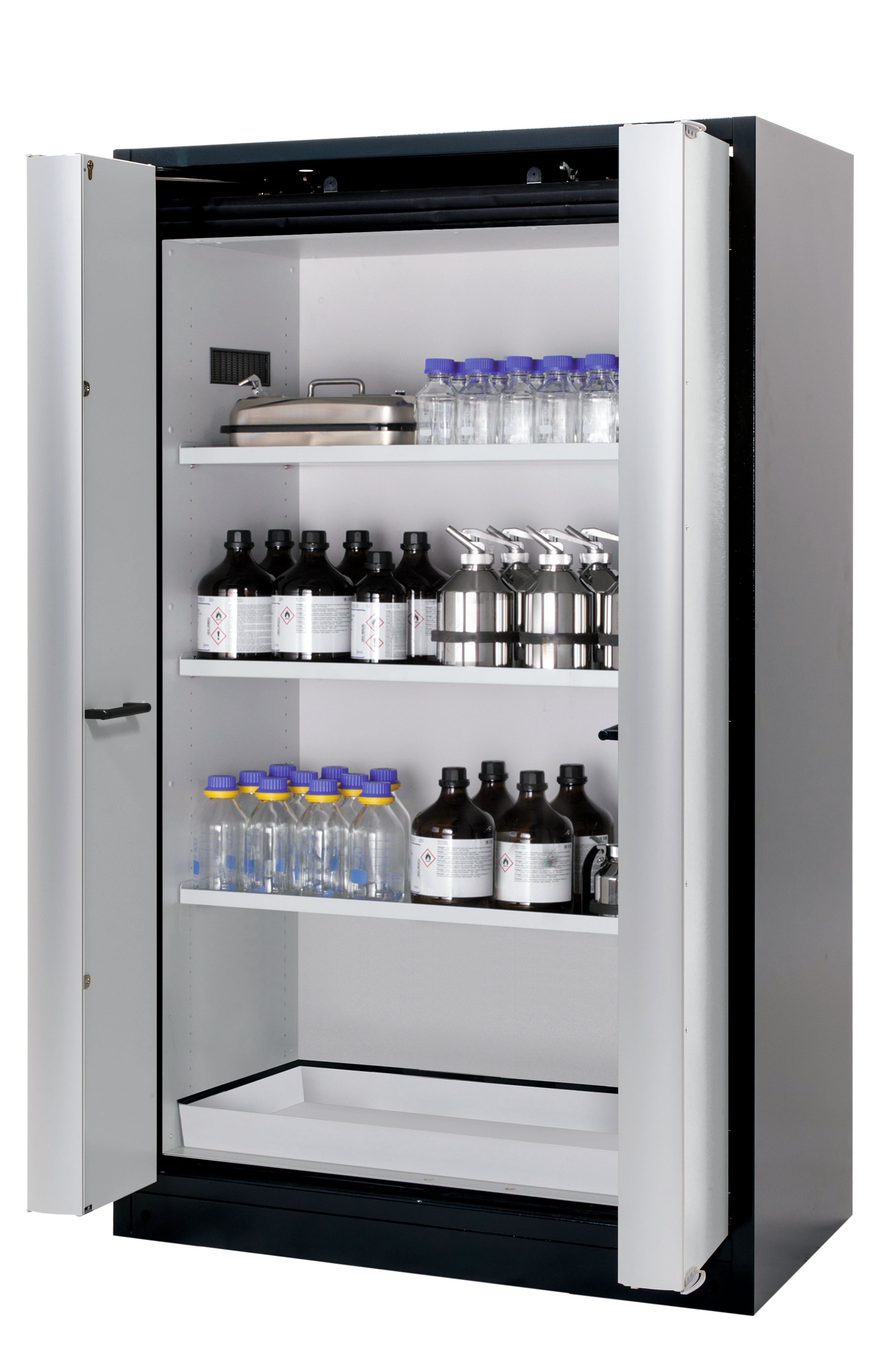 Typ 90 Sicherheitsschrank Q-PHOENIX-90 Modell Q90.195.120.FD in lichtgrau RAL 7035 mit 3x Fachboden Standard (Stahlblech)