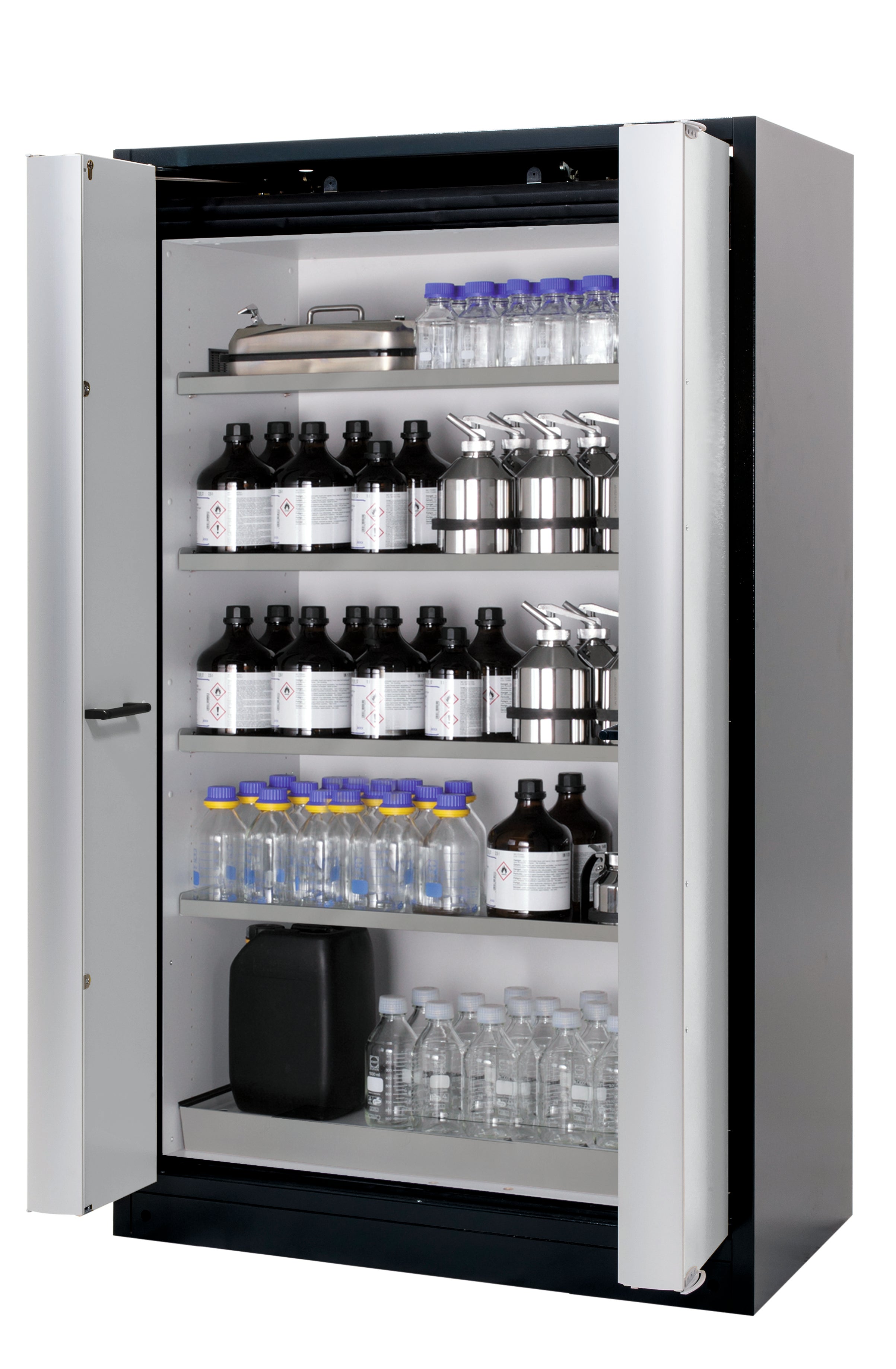 Typ 90 Sicherheitsschrank Q-PHOENIX-90 Modell Q90.195.120.FD in lichtgrau RAL 7035 mit 4x Fachboden Standard (Edelstahl 1.4301)