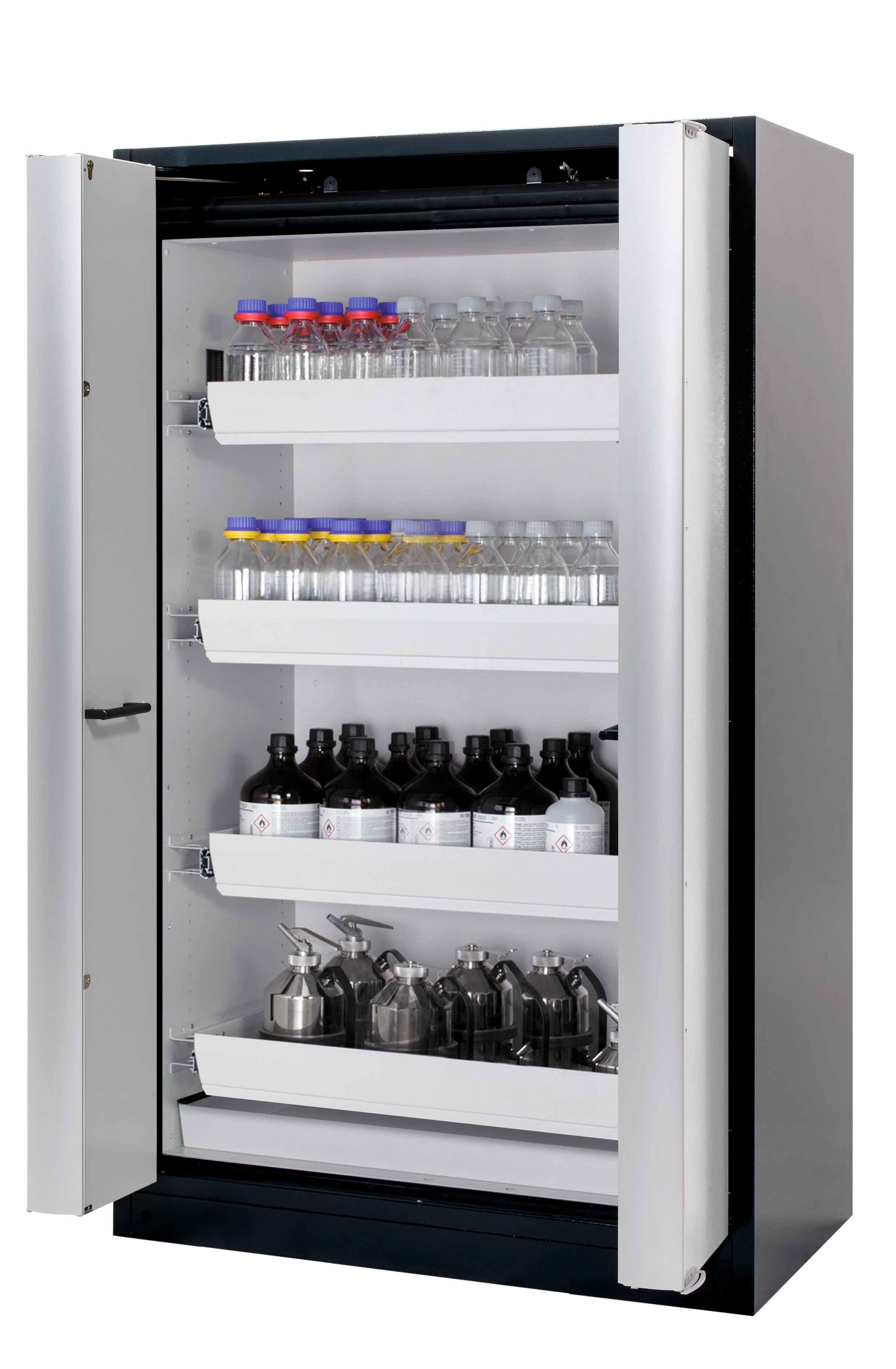 Typ 90 Sicherheitsschrank Q-PHOENIX-90 Modell Q90.195.120.FD in lichtgrau RAL 7035 mit 4x Auszugswanne Standard (Stahlblech)