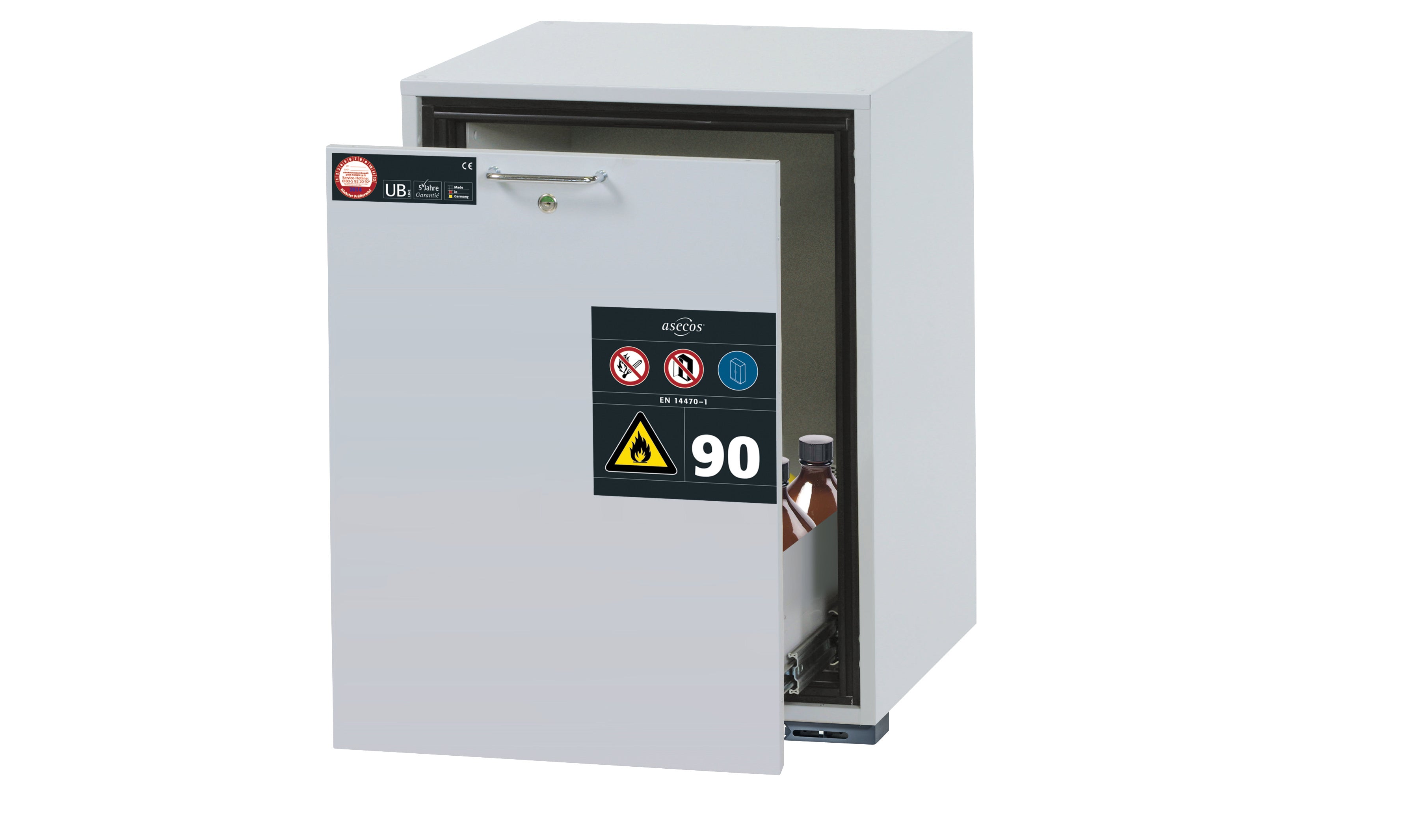 Type 90 safety base cabinet UB-S-90 model UB90.080.059.060.S in light gray RAL 7035 with 1x drawer tray (sheet steel)