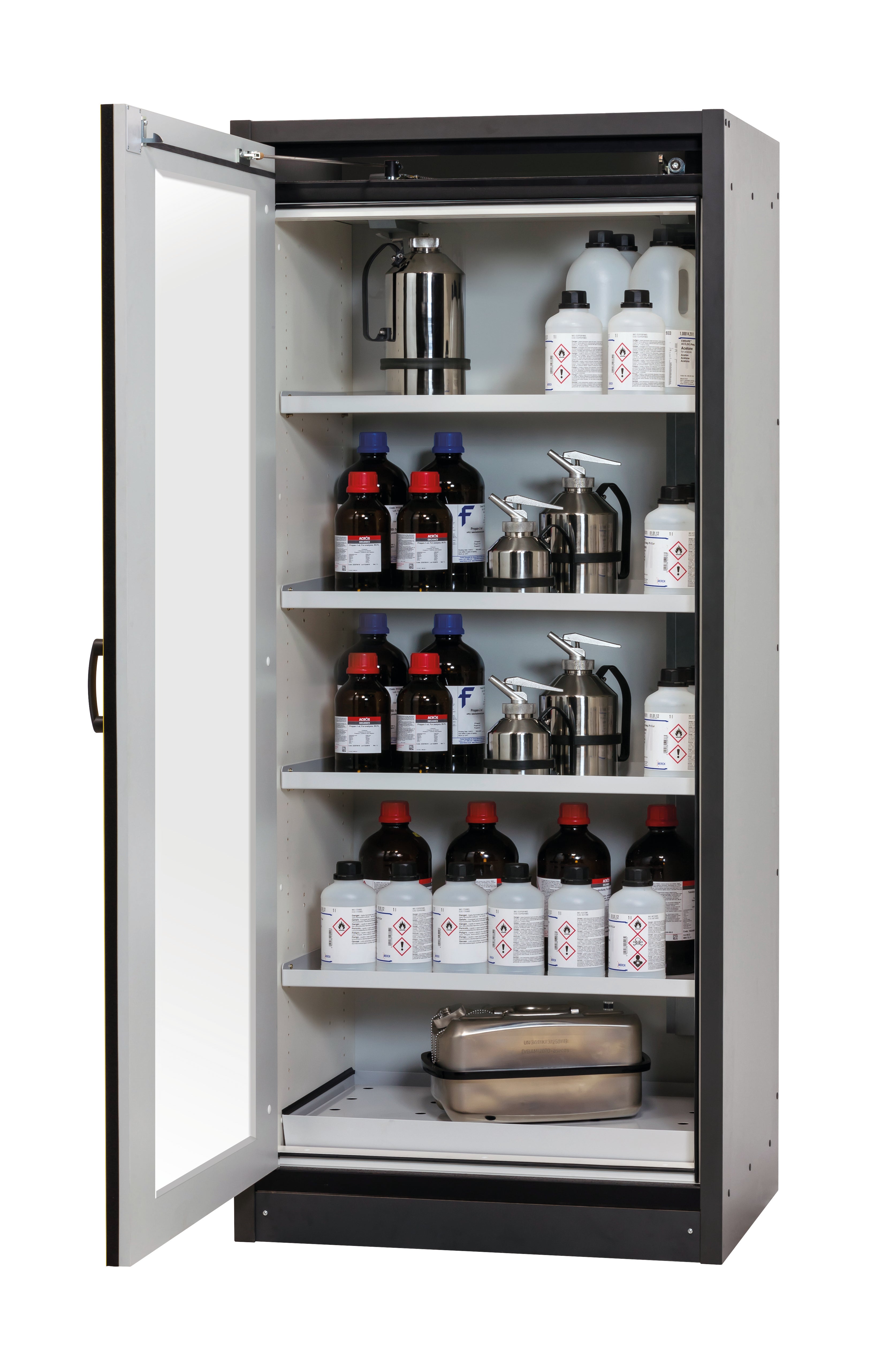 Type 30 safety cabinet Q-DISPLAY-30 model Q30.195.086.WDFW in safety yellow RAL 1004 with 4x standard shelves (sheet steel)