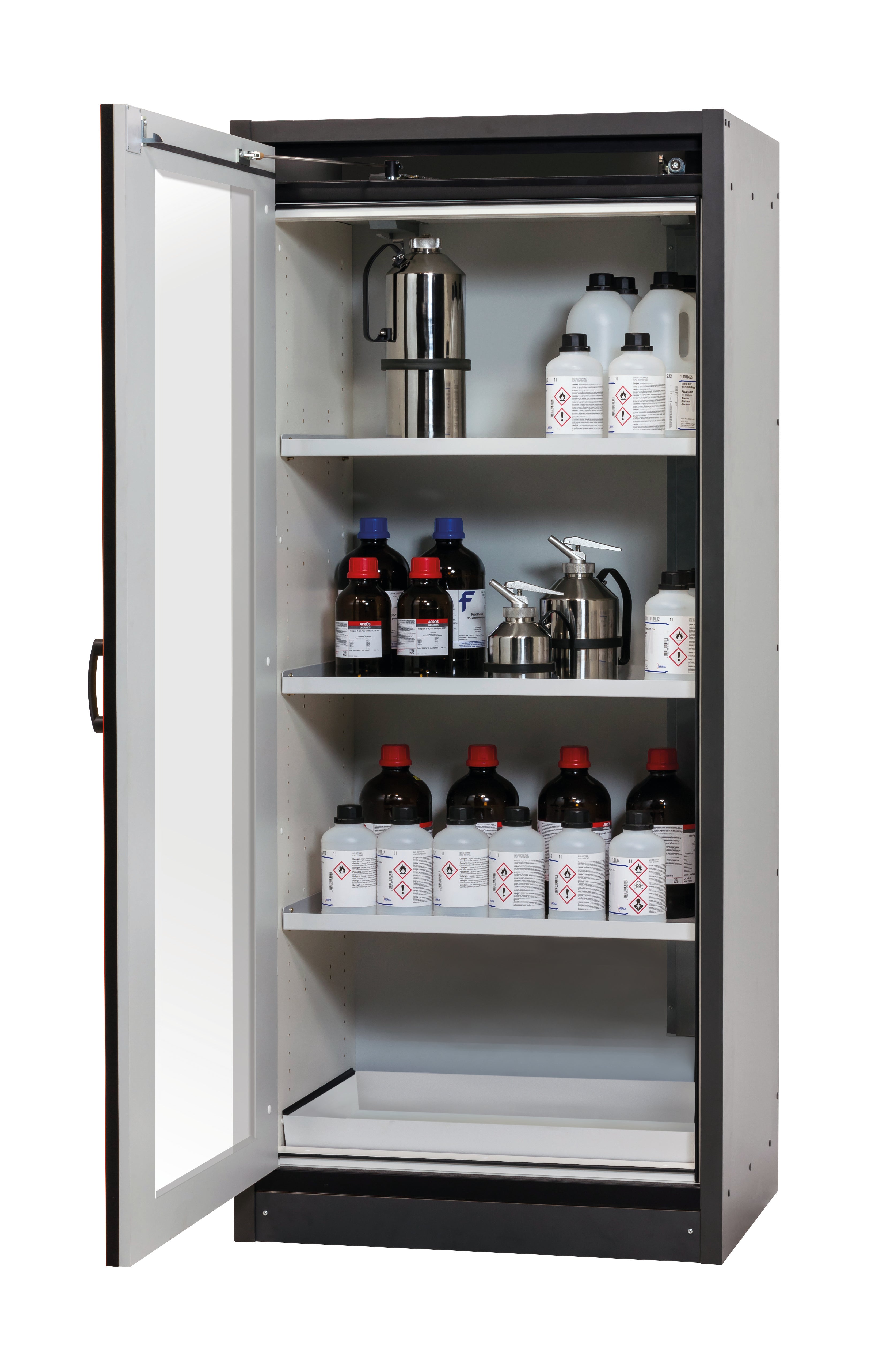 Type 30 safety cabinet Q-DISPLAY-30 model Q30.195.086.WDFW in traffic red RAL 3020 with 3x standard shelves (sheet steel)