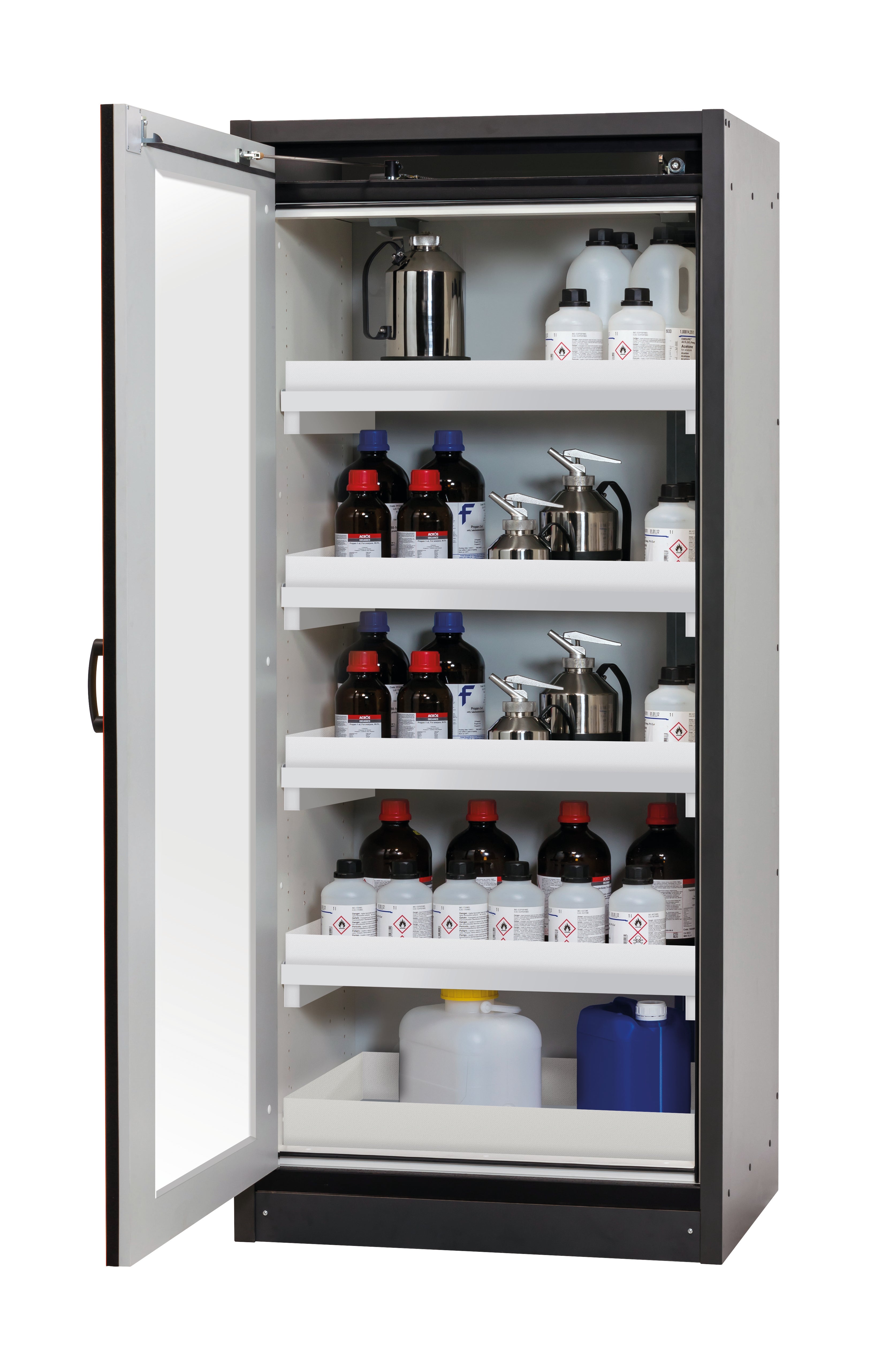 Type 30 safety cabinet Q-DISPLAY-30 model Q30.195.086.WDFW in traffic red RAL 3020 with 4x standard tray base (polypropylene)