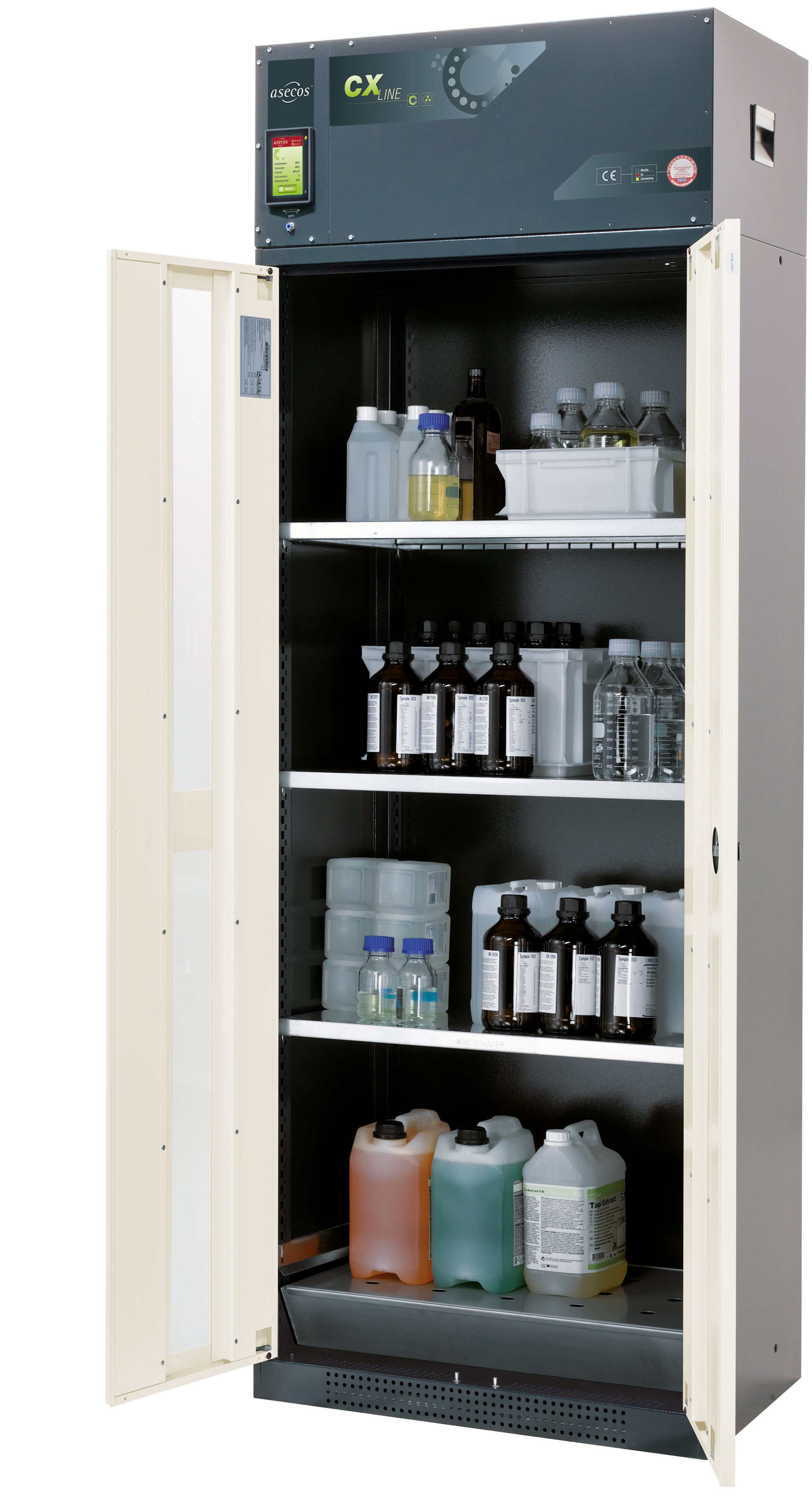 Armoire de filtration d'air à circulation CX-CLASSIC-G modèle CX.229.081.WDFW en blanc pur RAL 9010 avec 3 étagères standard (tôle d'acier)