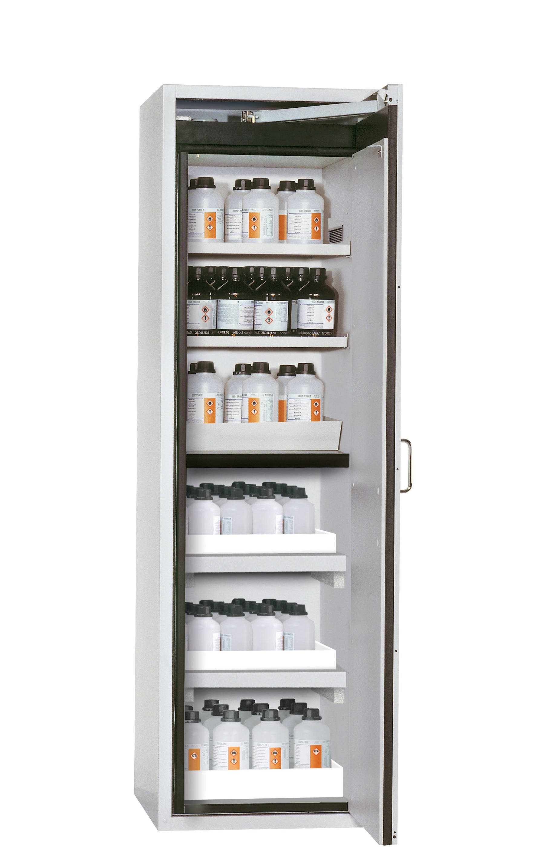 Armoire de sécurité type 90 S-CLASSIC-90 modèle S90.196.060.MH.WDASR en gris clair RAL 7035 avec 2x étagères standard (tôle d'acier)