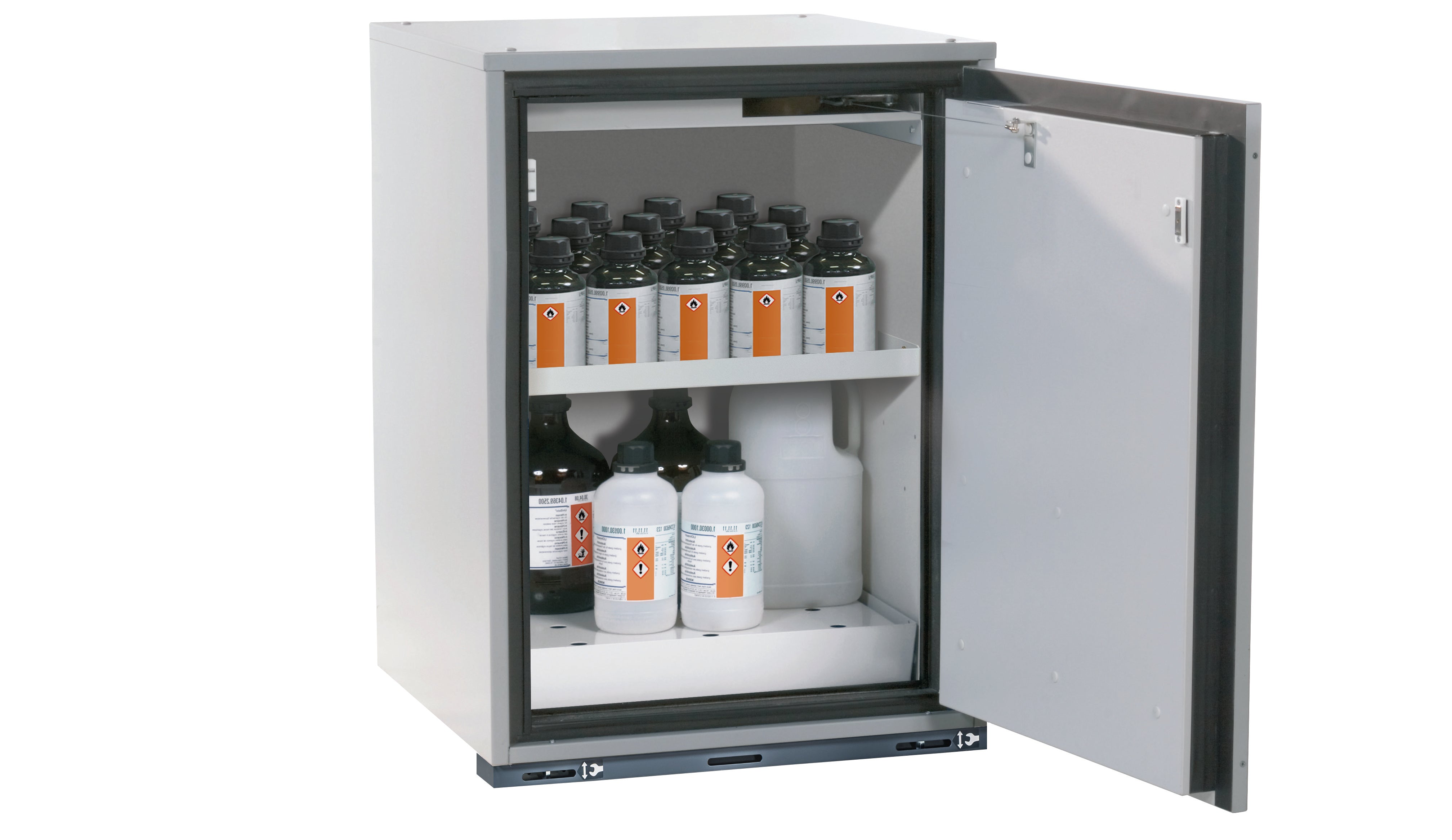 Type 90 safety base cabinet UB-T-90 model UB90.080.059.060.TR in light gray RAL 7035 with 1x standard shelf (sheet steel)