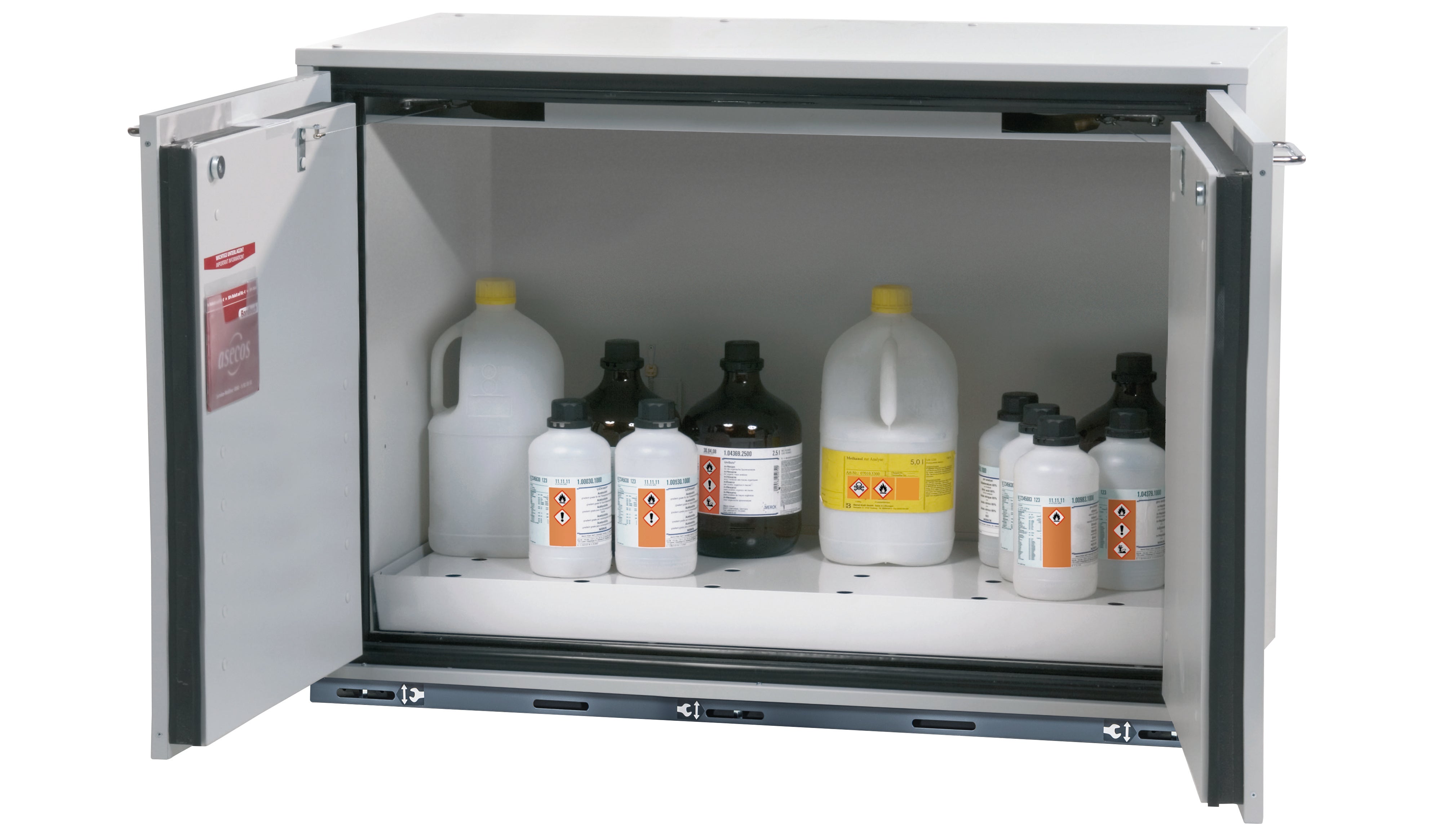 Typ 90 Sicherheitsunterbauschrank UB-T-90 Modell UB90.080.110.060.2T in lichtgrau RAL 7035 mit 1x Lochblecheinsatz Standard (Stahlblech)