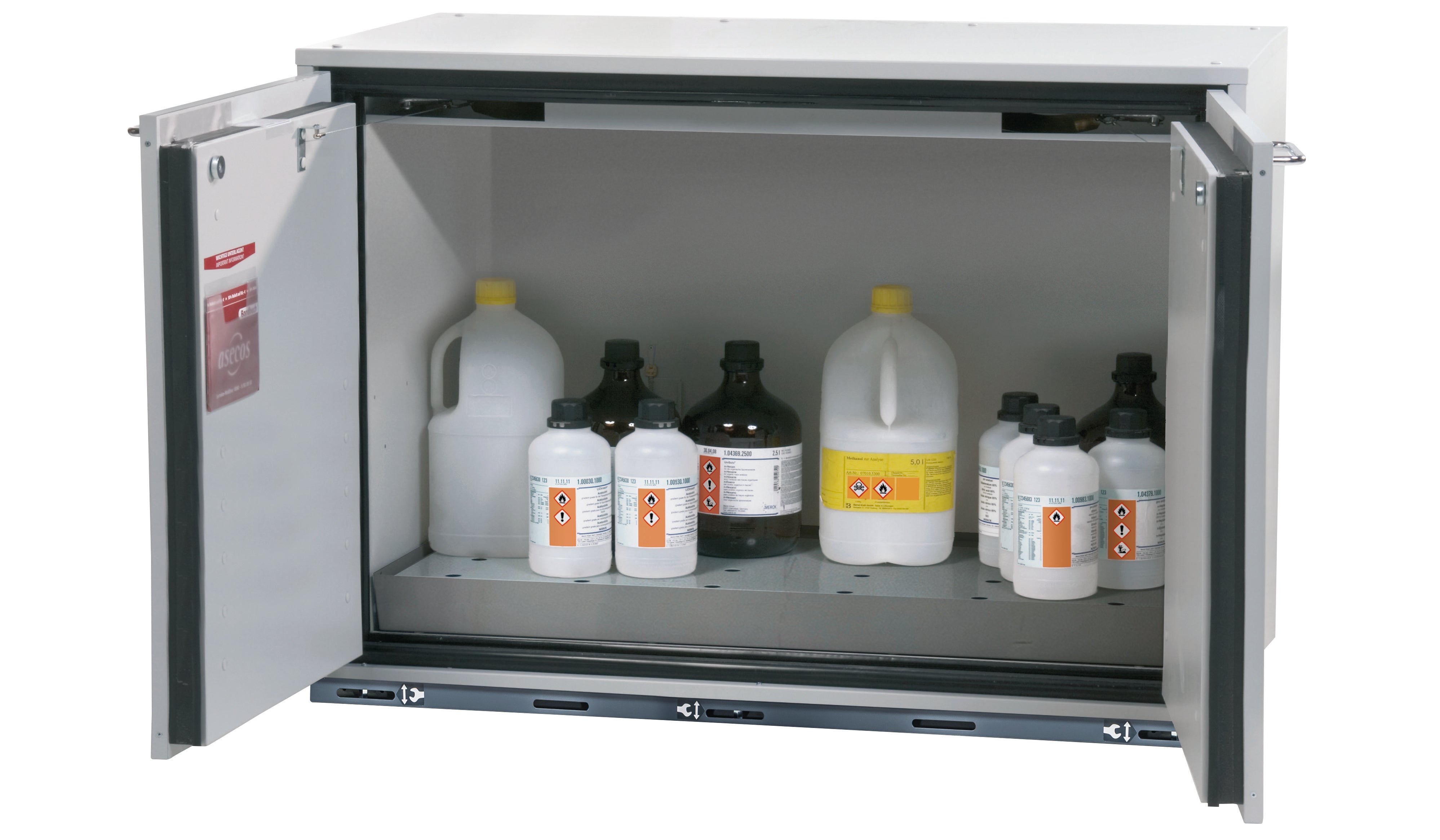 Typ 90 Sicherheitsunterbauschrank UB-T-90 Modell UB90.080.110.060.2T in lichtgrau RAL 7035 mit 1x Lochblecheinsatz Standard (Edelstahl 1.4301)